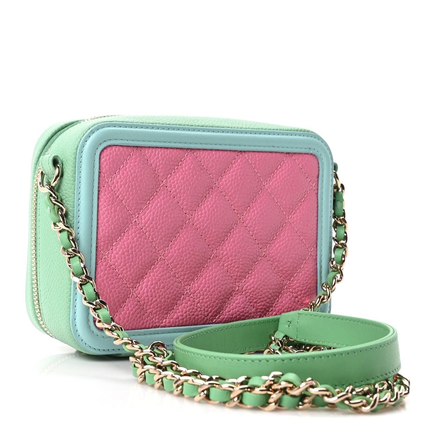 Caviar Quilted Filigree Vanity Clutch With Chain Pink Light Blue Green