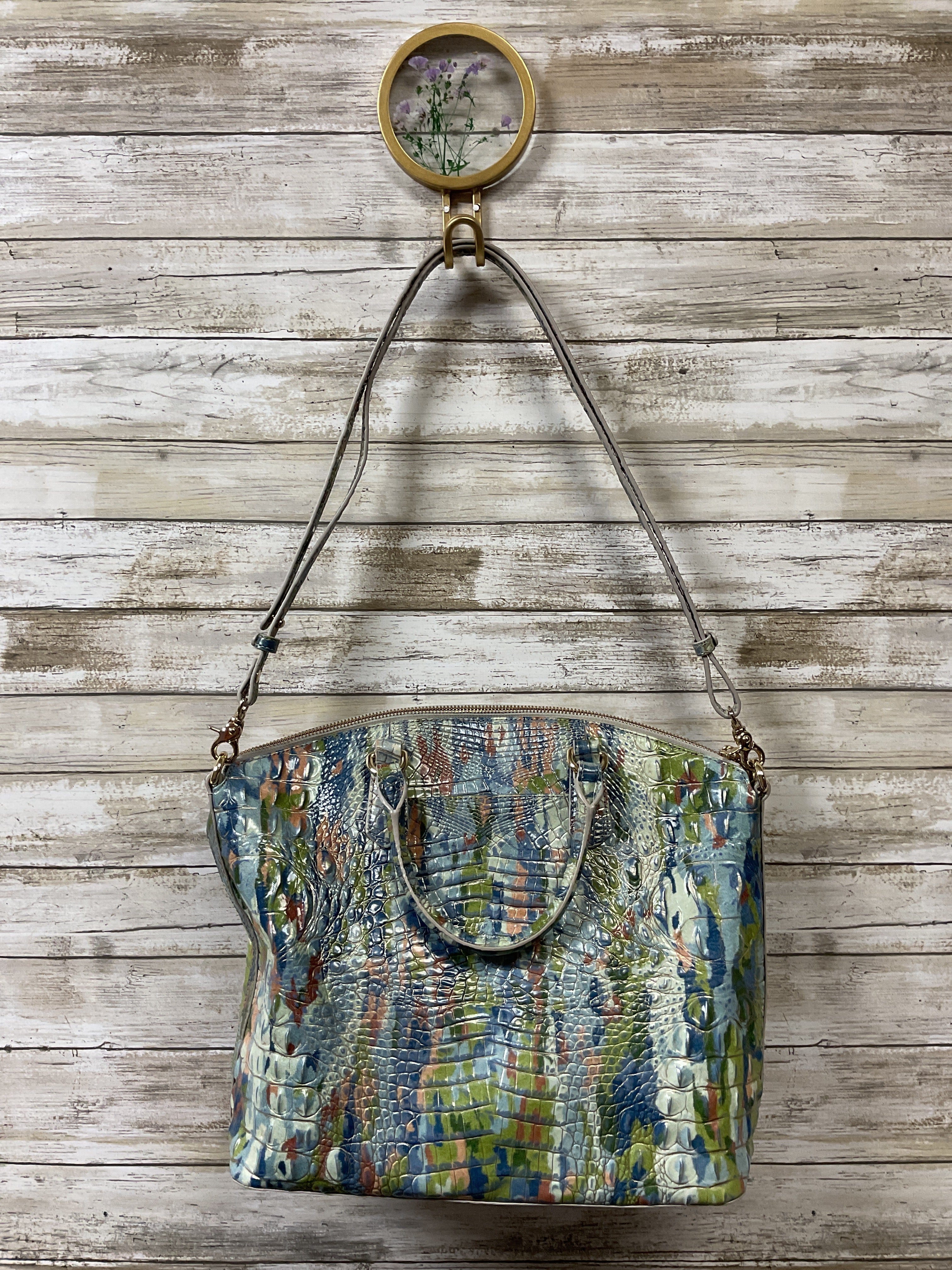 Handbag Designer By Brahmin In Green & Pink, Size:Large