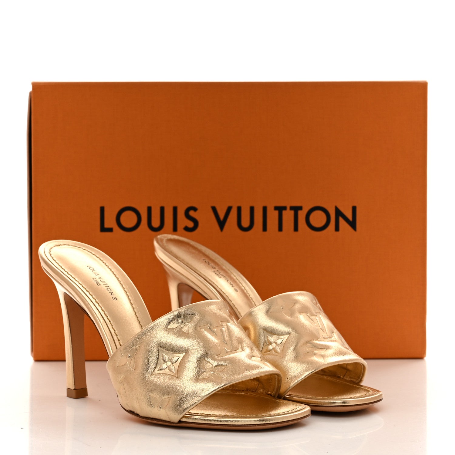 Metallic Lambskin Embossed Monogram Revival High Heel Mules 36.5 Gold