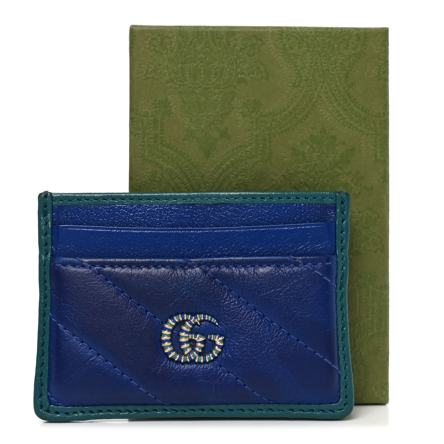 Azalea Calfskin Matelasse Diagonal Enamel Torchon GG Marmont Card Holder Imperial Blue Pavone