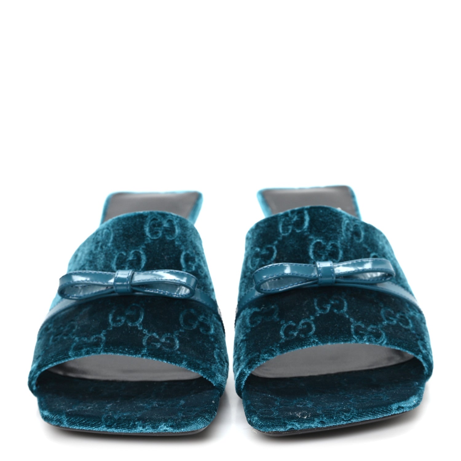 New Velvet Ashmir Regent Calfskin GG Monogram Square Toe Bow 45mm Slide Sandals Peacock Blue 39.5