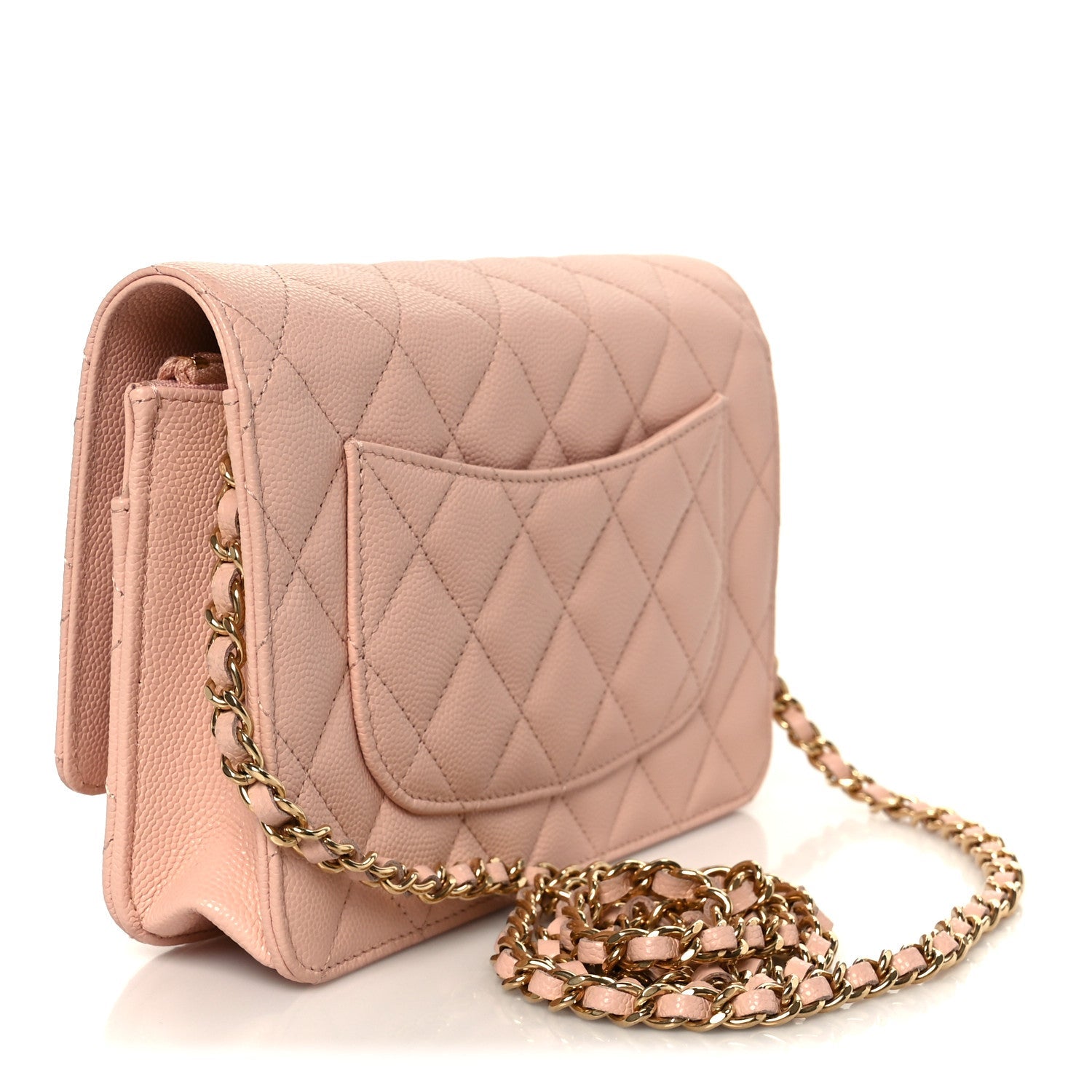 Grained Calfskin Quilted Strass CC Wallet On Chain WOC Light Pink