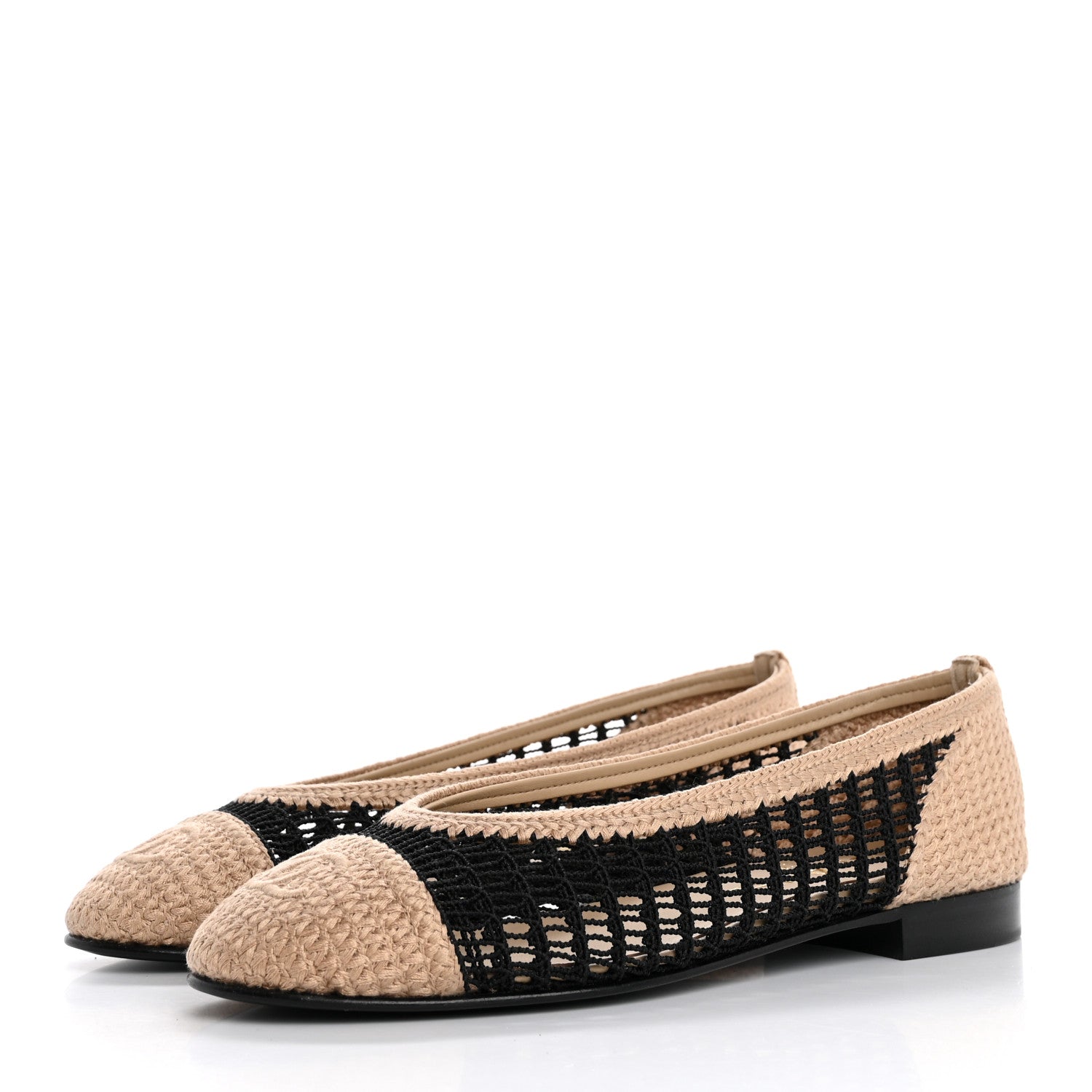 Raffia Cap Toe Ballerina Flats 36.5 Black Beige