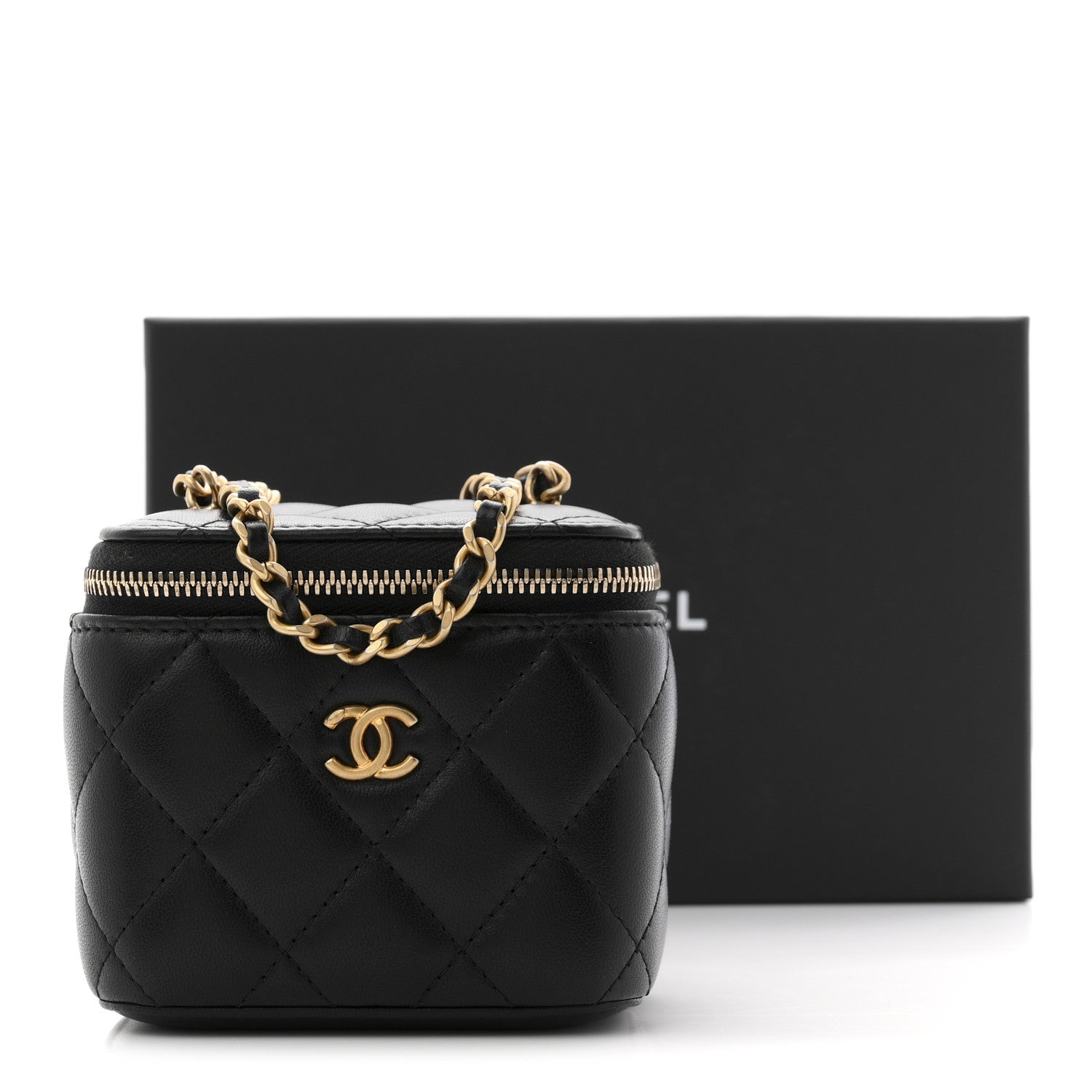 Lambskin Quilted Mini Pearl Crush Vanity Case With Chain Black