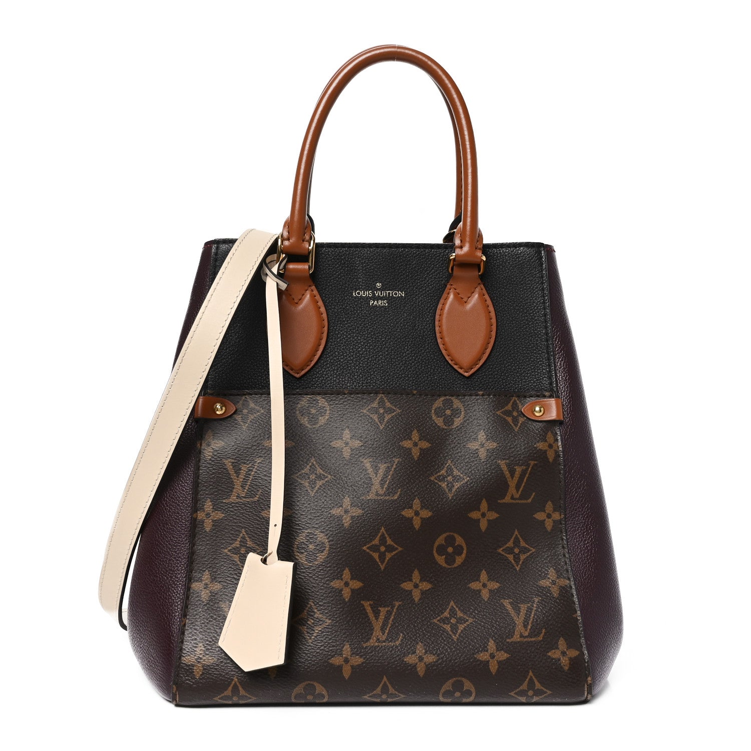 Calfskin Monogram Fold Tote MM Black Wine Cream