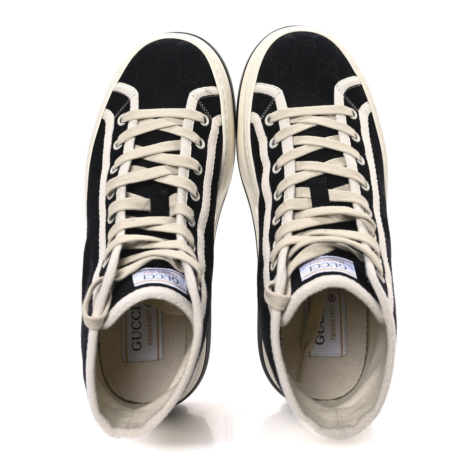 New Canvas GG Monogram Womens Tennis 1977 High Top 55mm Platform Sneakers 39.5 Black Mystic White