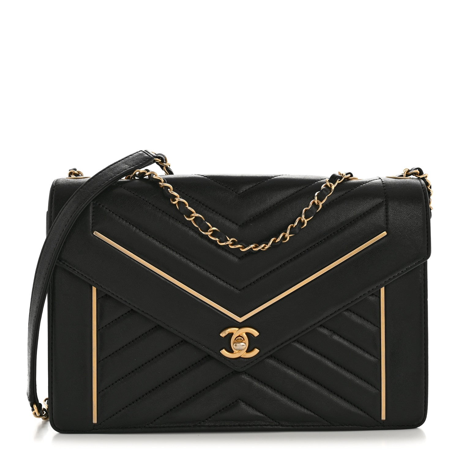 Lambskin Reversed Chevron Quilted Flap Black