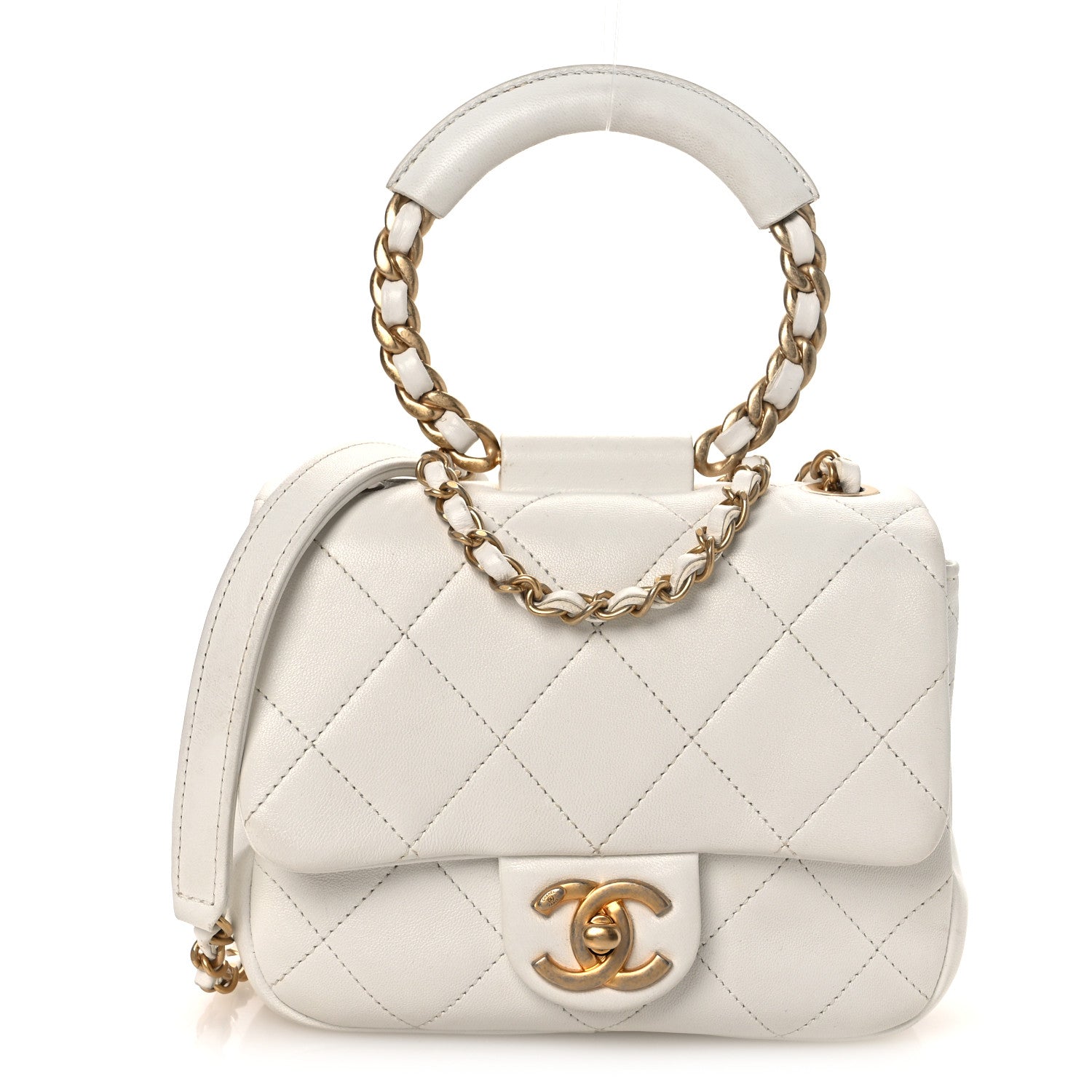 Lambskin Quilted Small Circular Handle Bag White