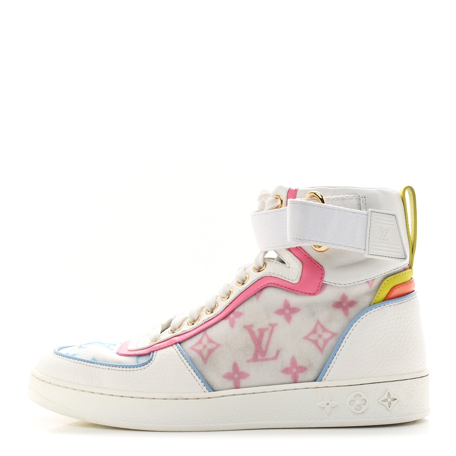 Calfskin Nylon Mesh Monogram Womens Boombox High Top Sneakers 37 Bleu Rose