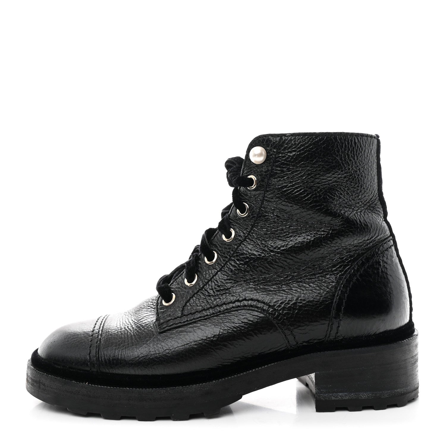 Shiny Calfskin Velvet Pearl Combat Short Boots 39 Black