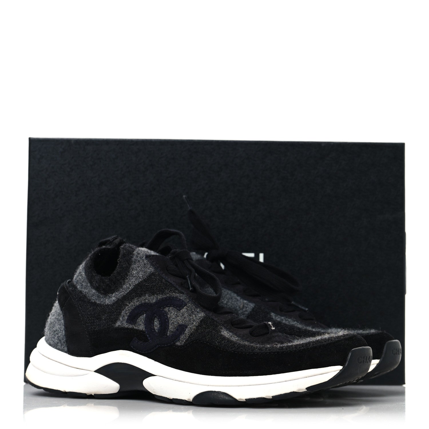 Knit Fabric Suede Calfskin Womens CC Sneakers 38.5 Black Grey