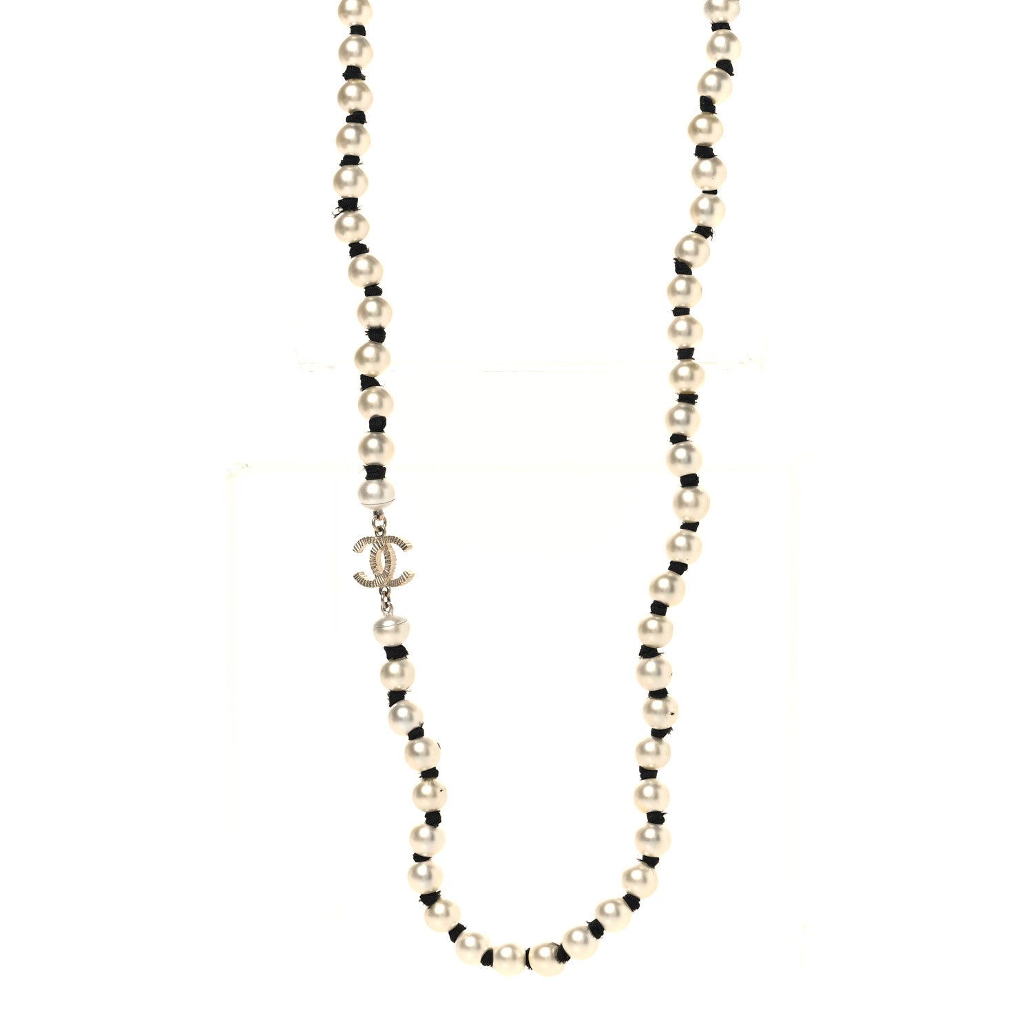 Pearl Grosgrain CC Long Necklace Gold