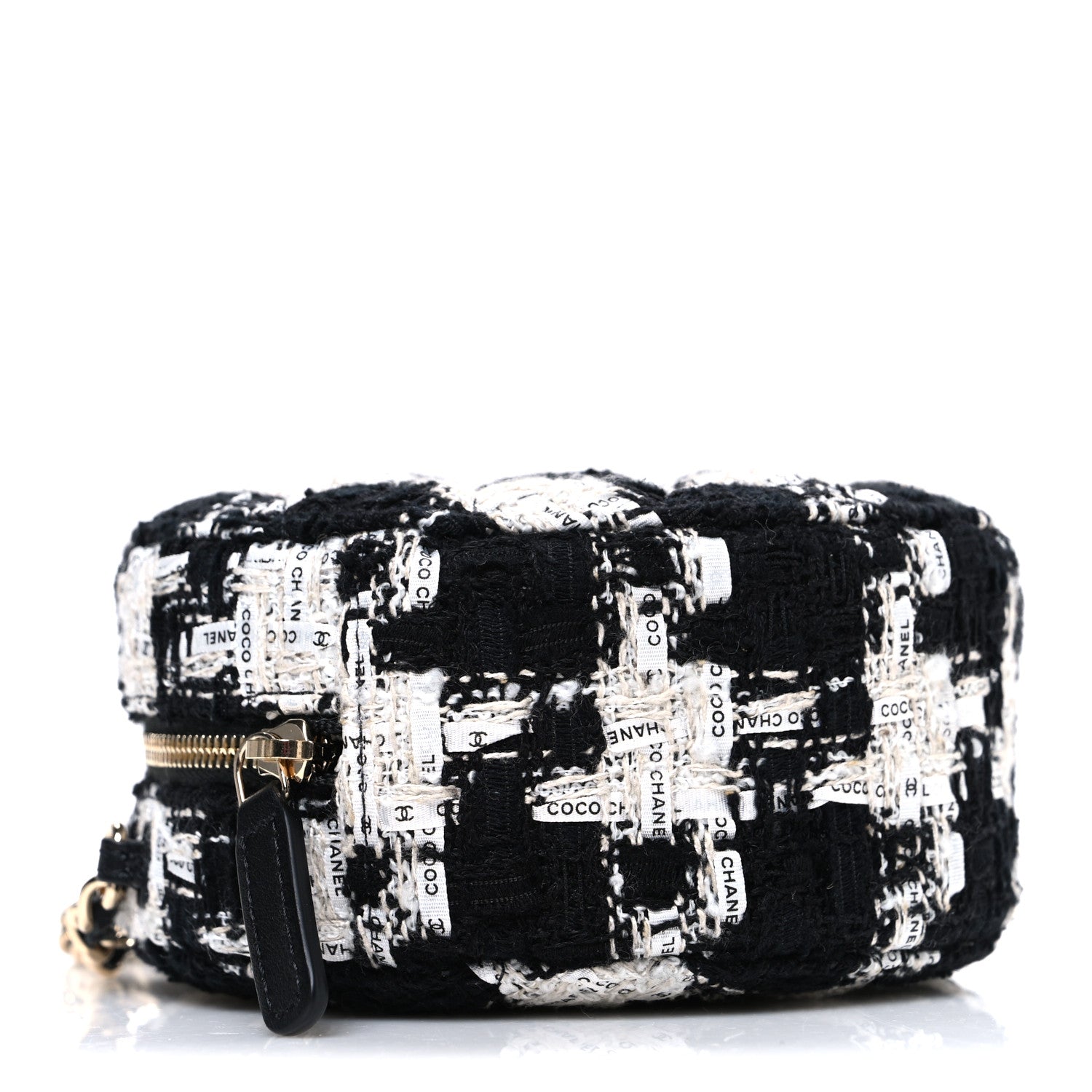 Tweed Quilted Round Clutch With Chain Black Ecru White