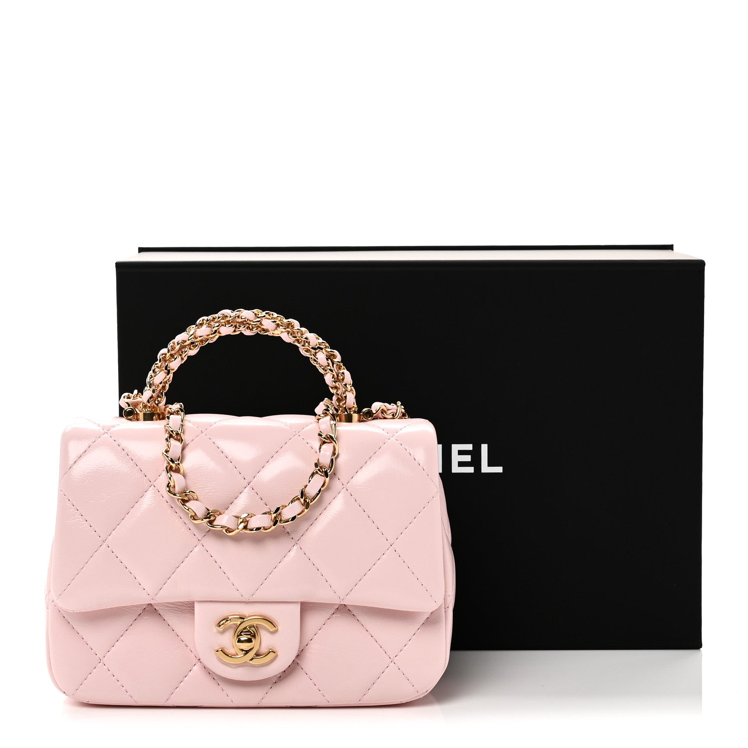 Shiny Lambskin Quilted Mini Twisted Links Top Handle Flap Light Pink