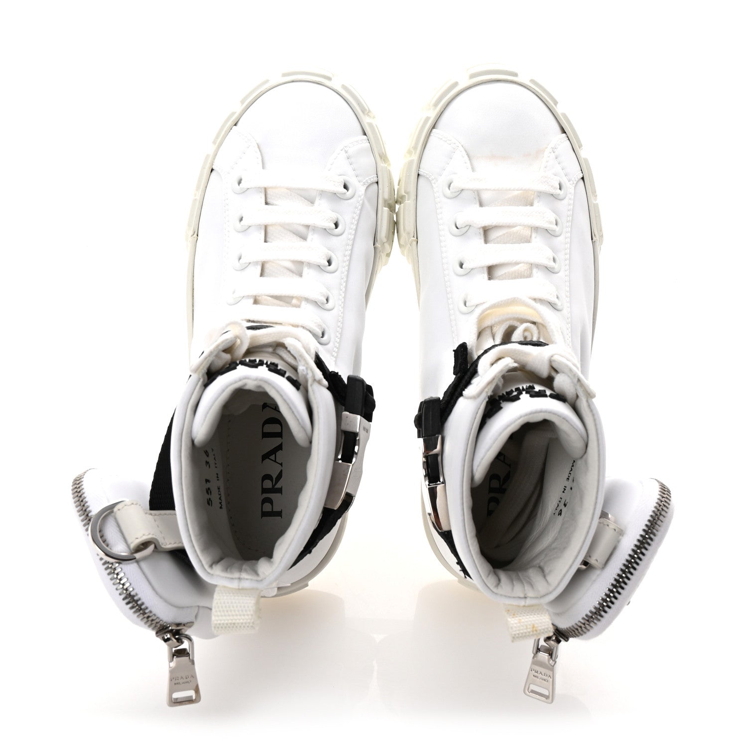 Re-Nylon Gabardine Metal Triangle Logo Wheel Pouch Pocket High Top Sneakers 36 White