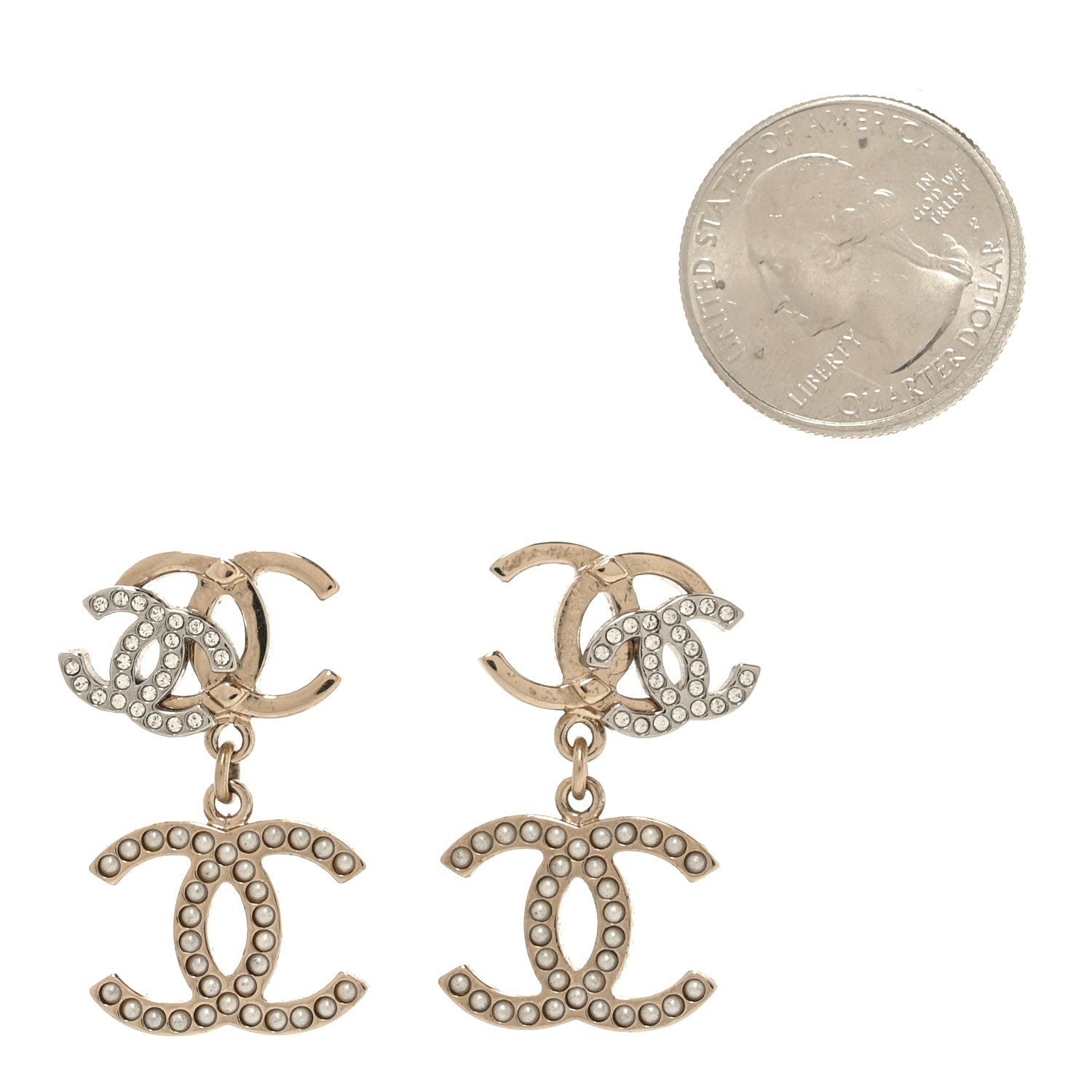 Crystal Pearl Double CC Drop Earrings Gold Silver