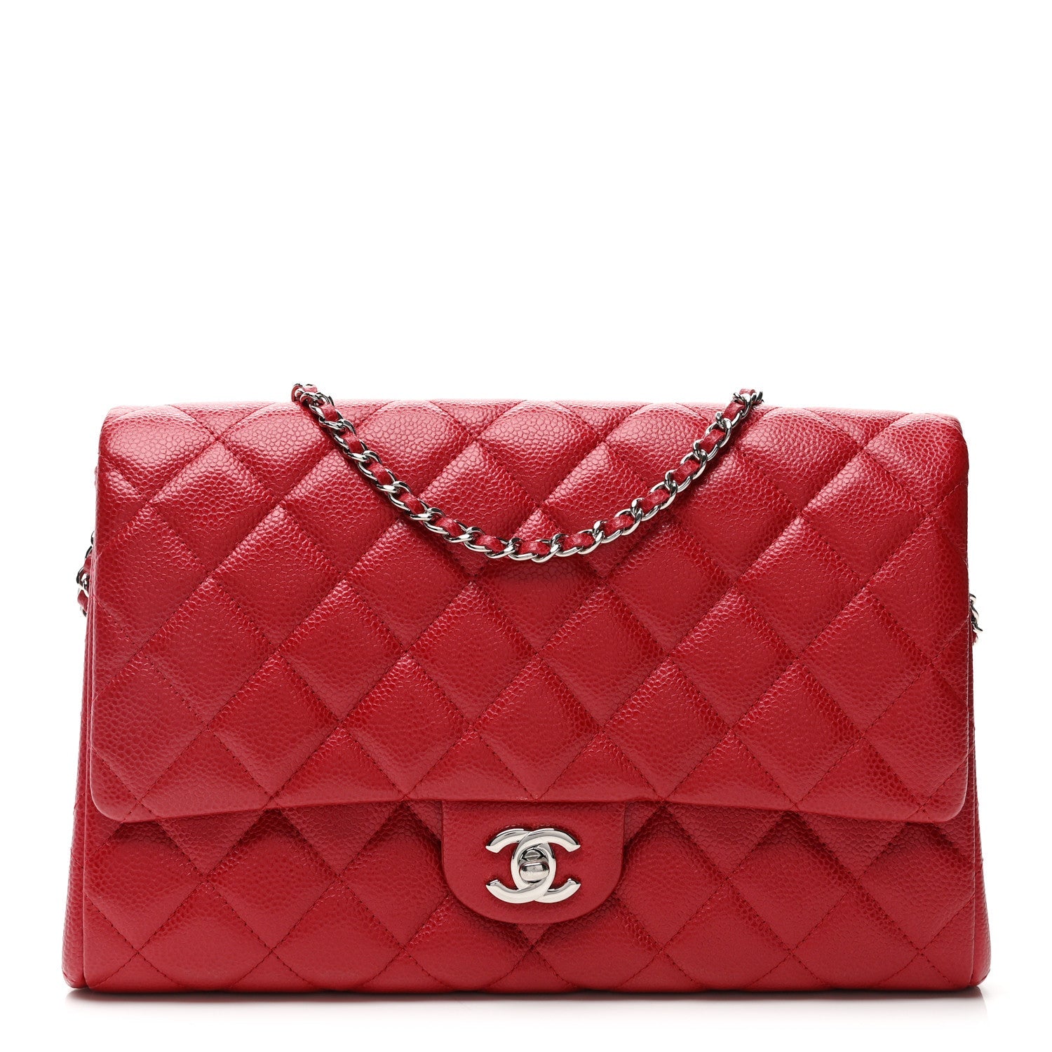 Iridescent Caviar Quilted Clutch With Chain Flap Red