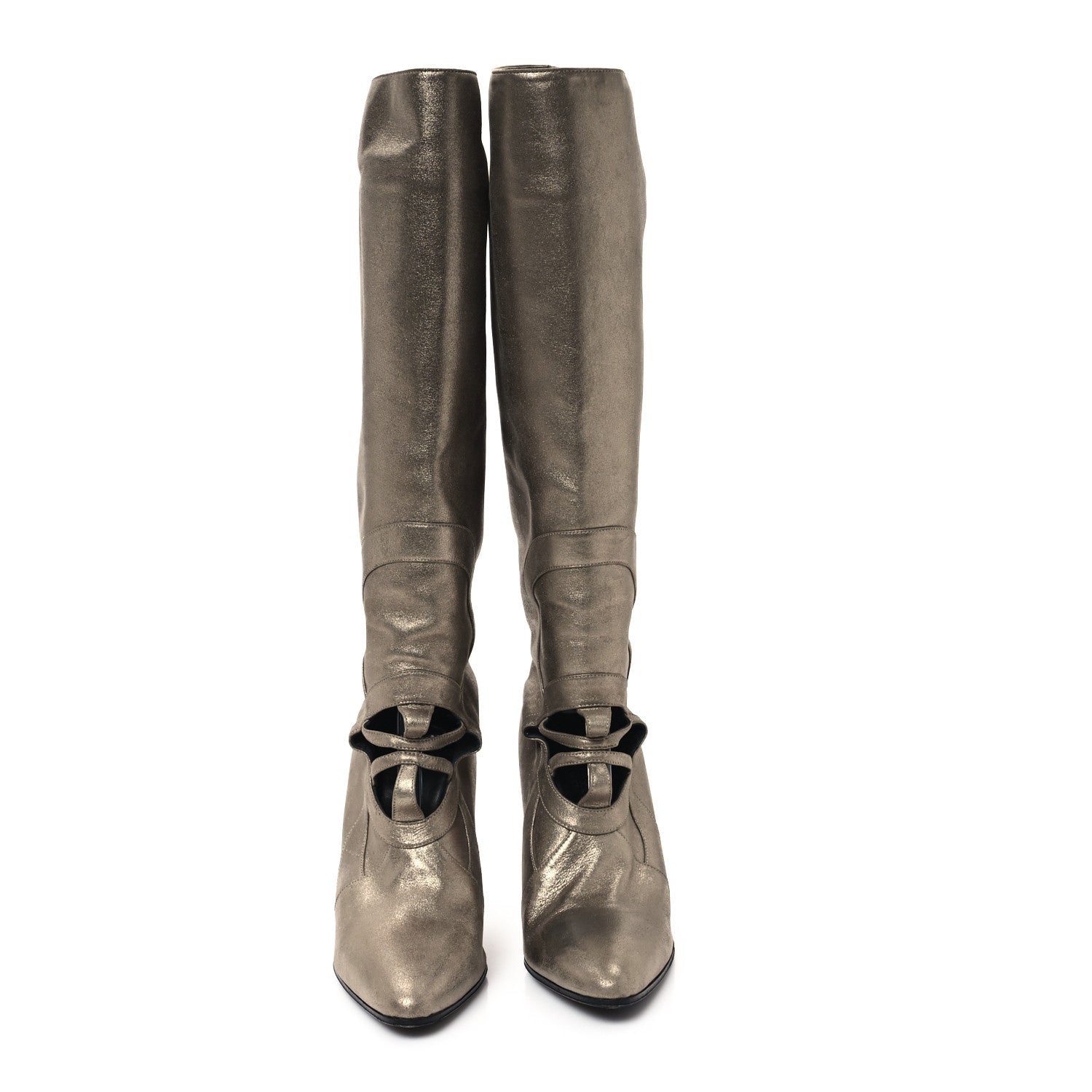 Metallic Calfskin Cut Out Knee High Boots 40