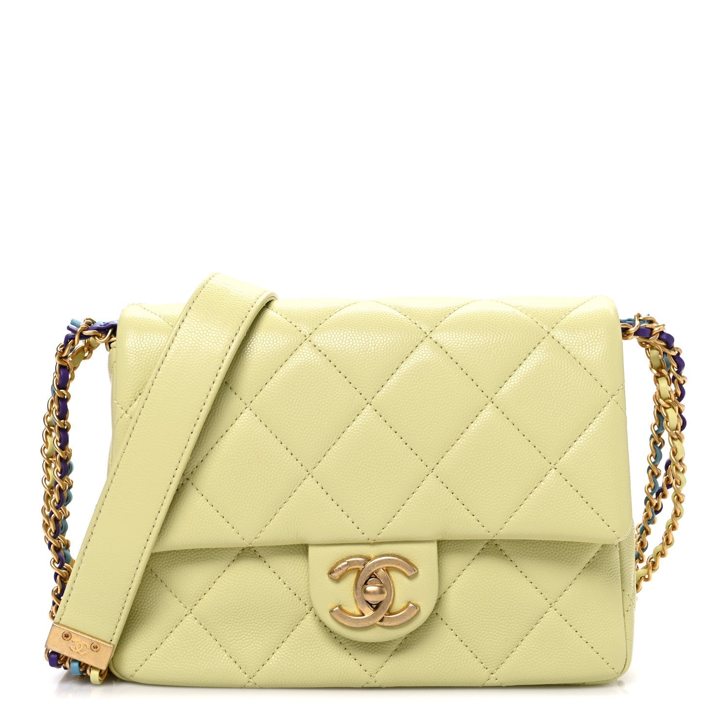 Shiny Caviar Quilted Mini Chain Messenger Flap Bag Yellow