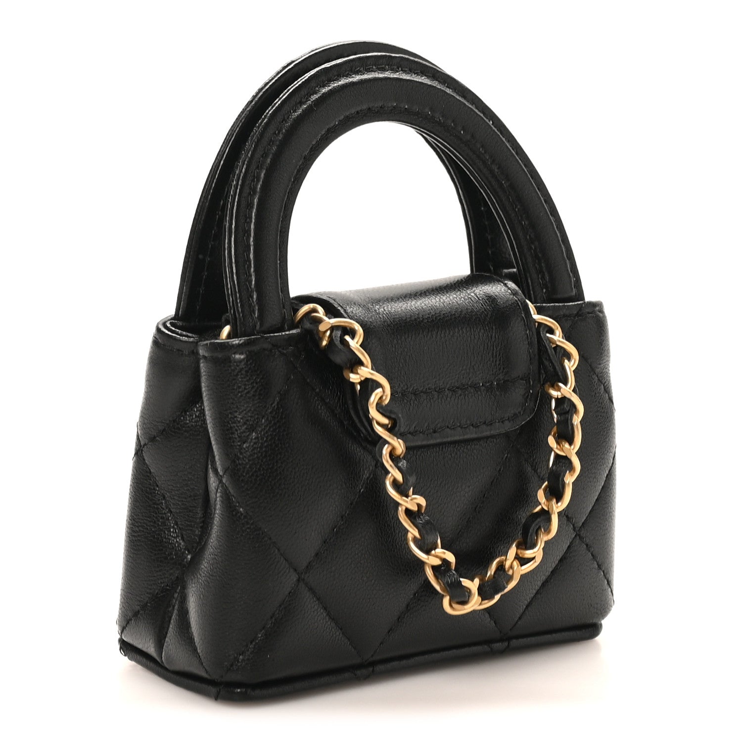 Shiny Lambskin Quilted Mini Kelly Bag Charm Black