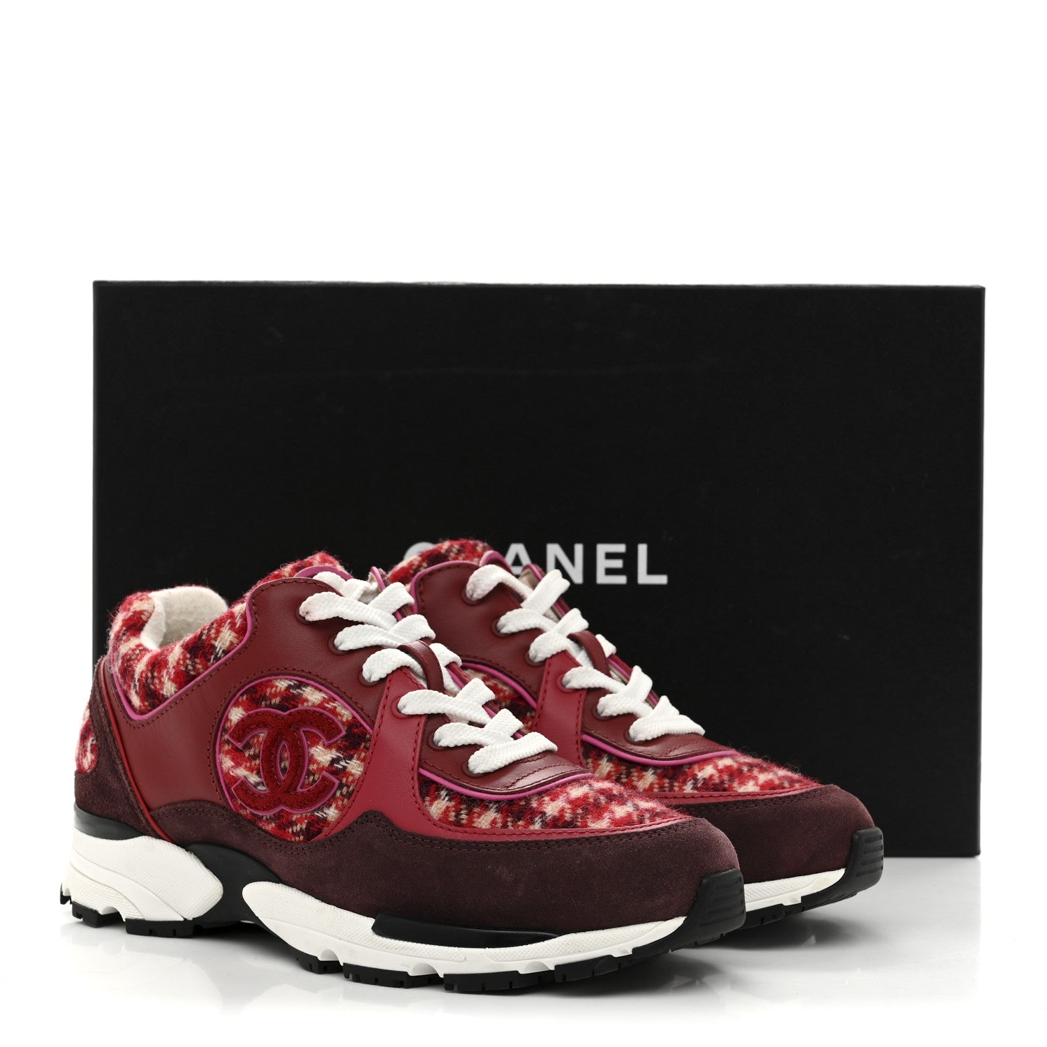 Wool Tweed Suede Calfskin Womens CC Sneakers 36 Red White Dark Brown Burgundy