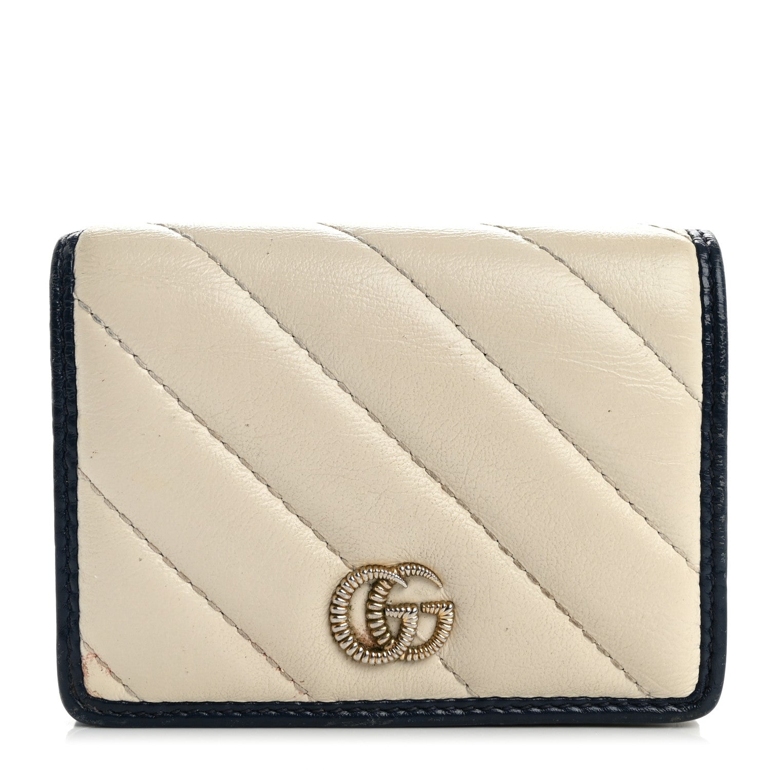 Vintage Effect Calfskin Matelasse Diagonal Torchon GG Marmont Card Case Wallet Mystic White Blue Agata