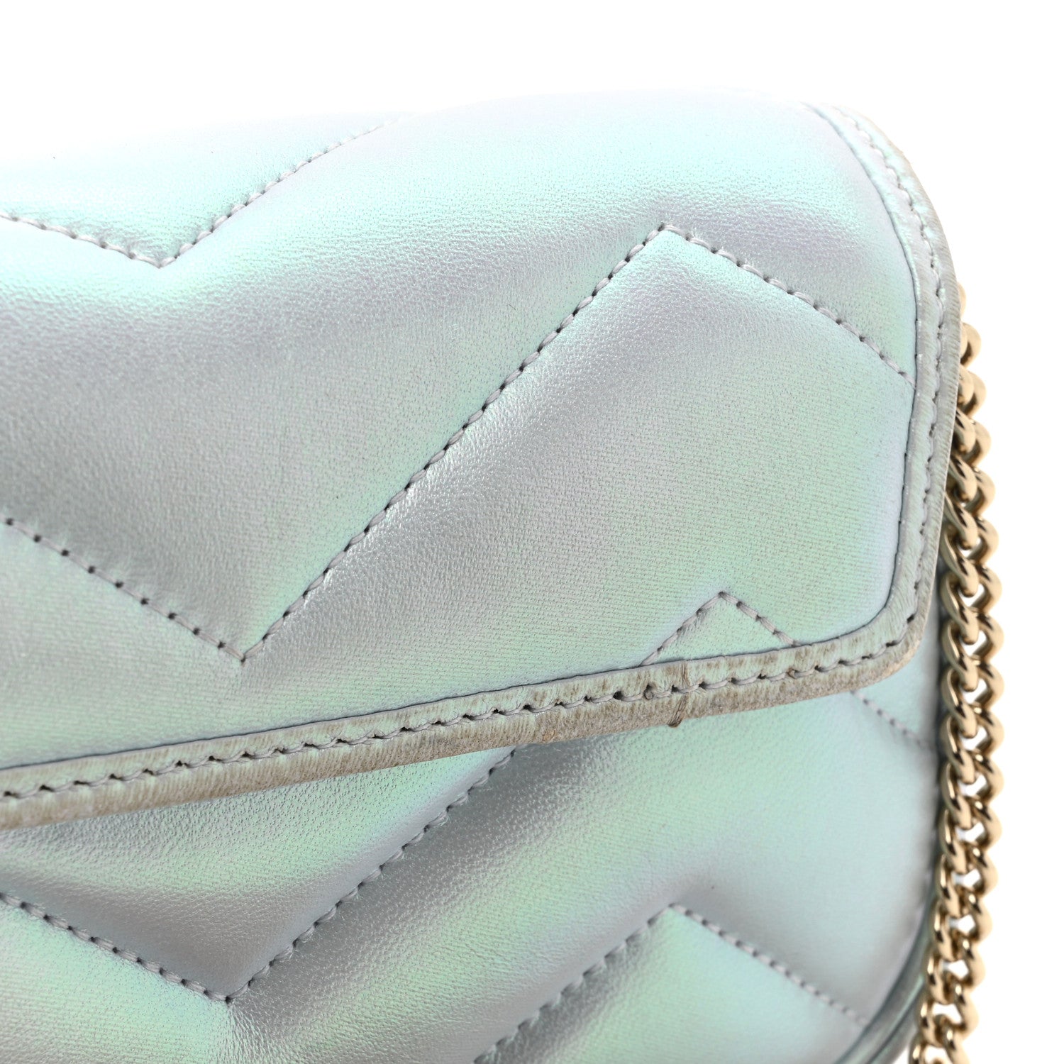 Iridescent Nappa Chevron Matelasse Super Mini GG Marmont Shoulder Bag Iridescent Snow Light Blue