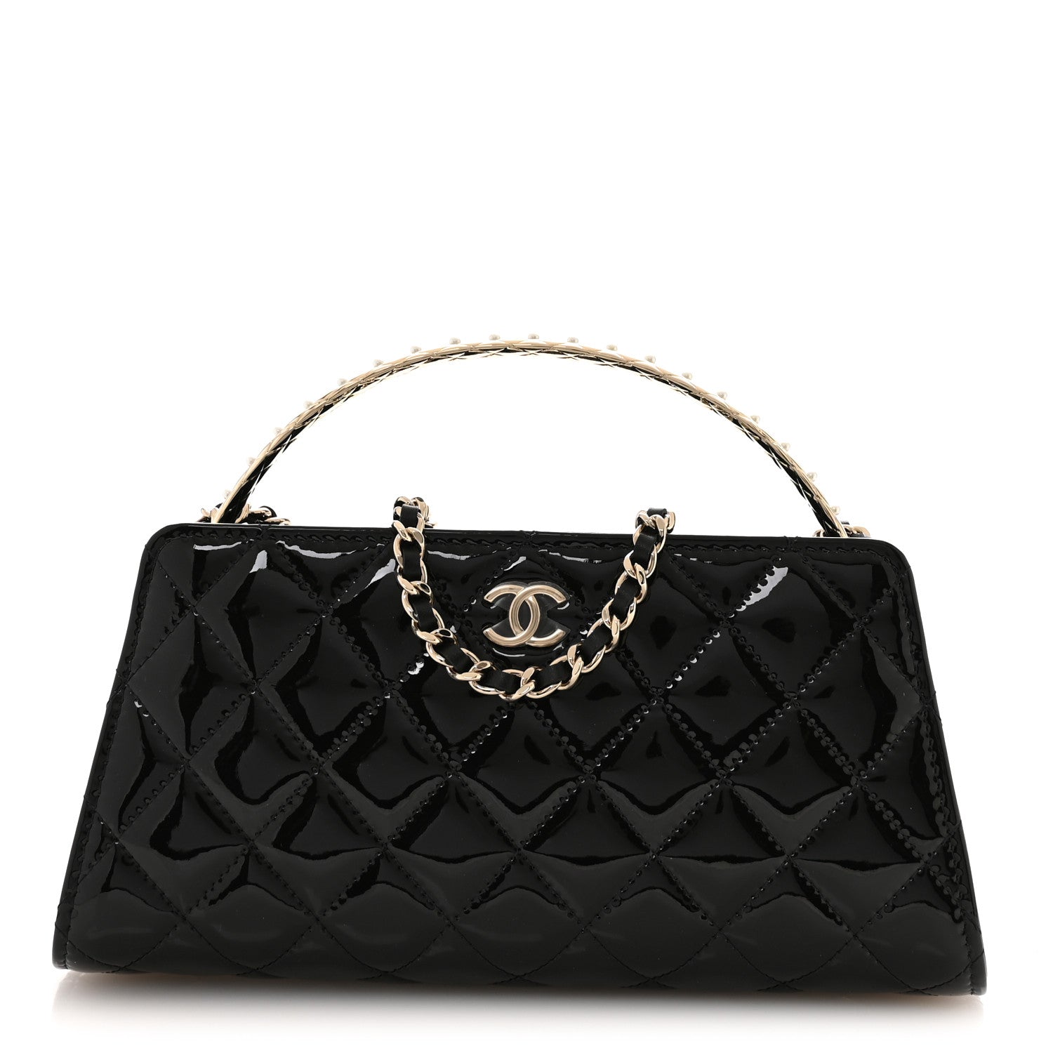 Patent Calfskin Quilted Pearl Clutch With Chain Black