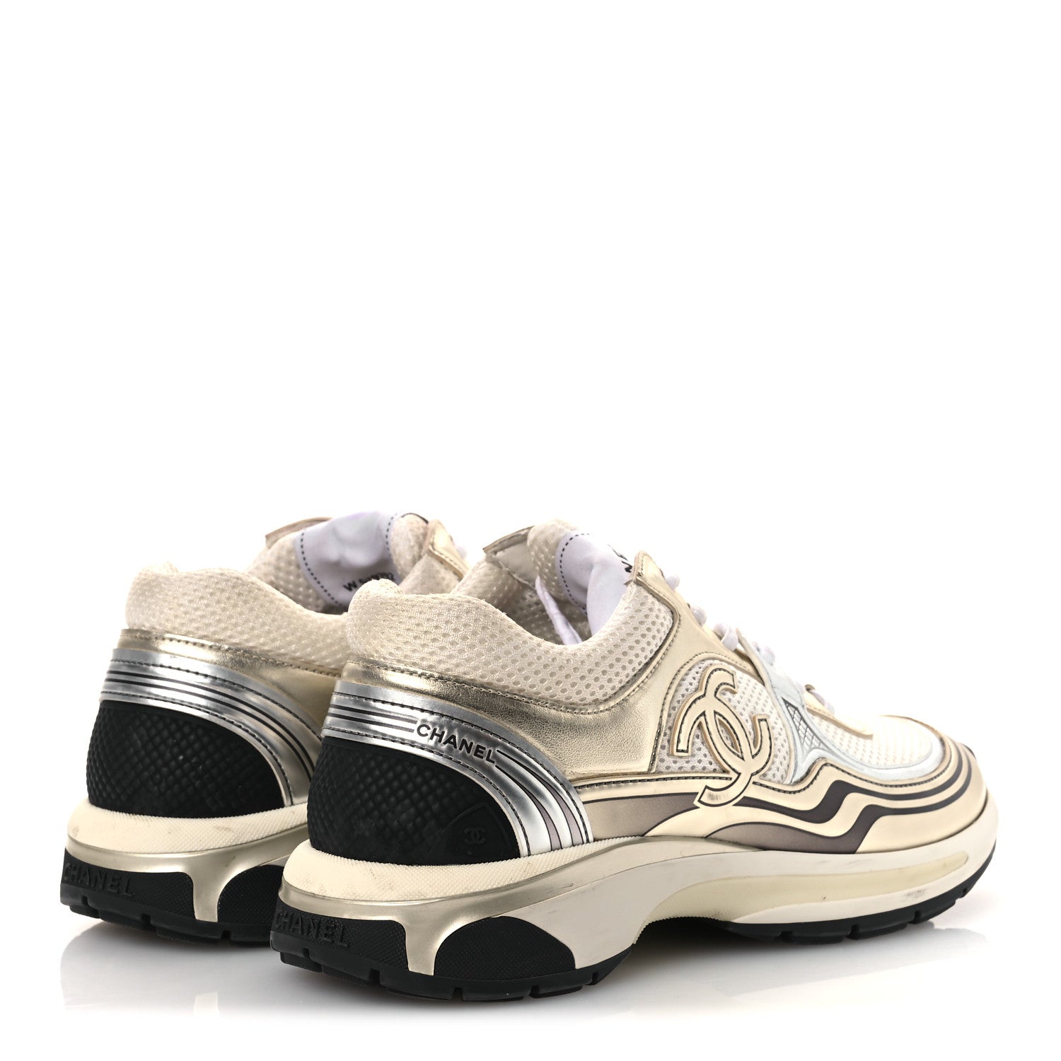 Fabric Laminated Calfskin Stretch CC Womens Sneakers 40 White Gold Silver