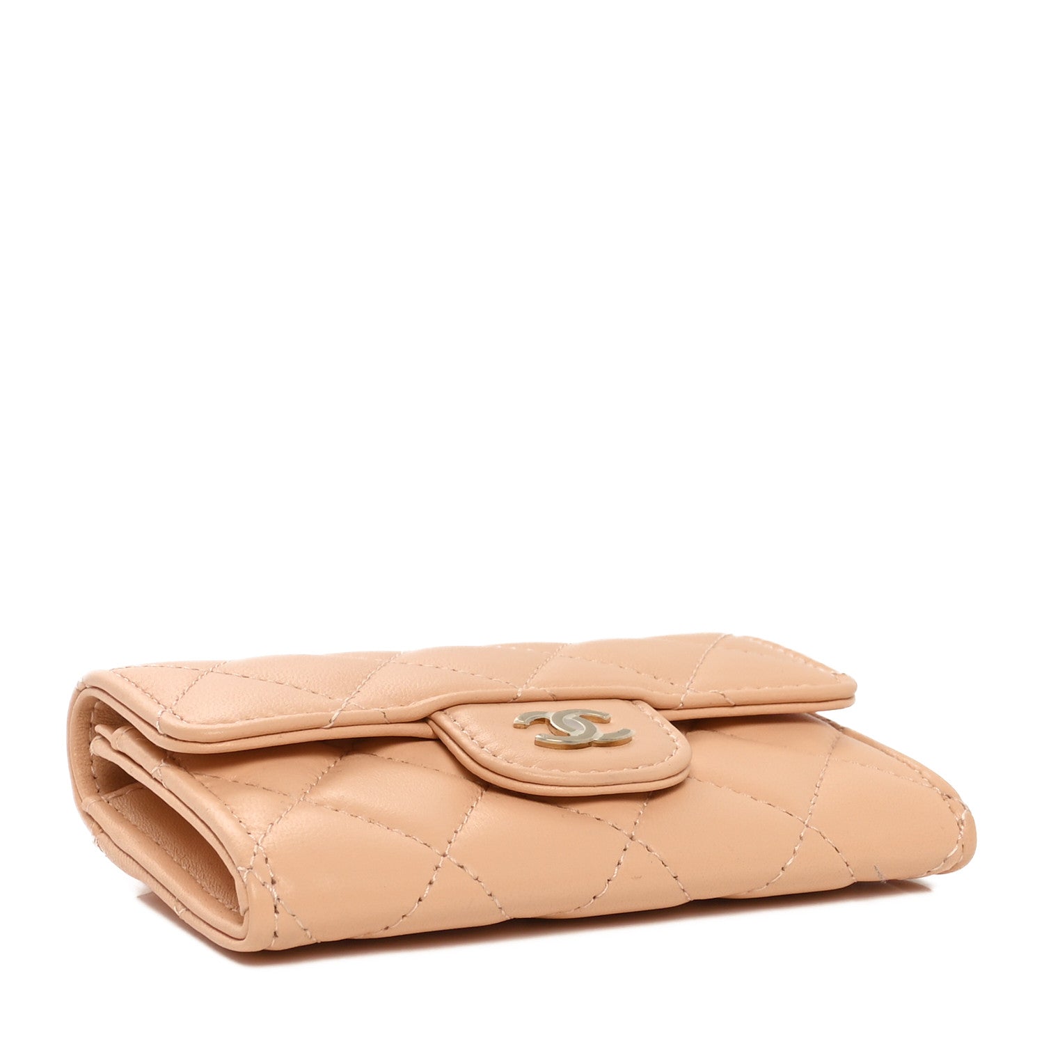 Lambskin Quilted Flap Card Holder Wallet Beige