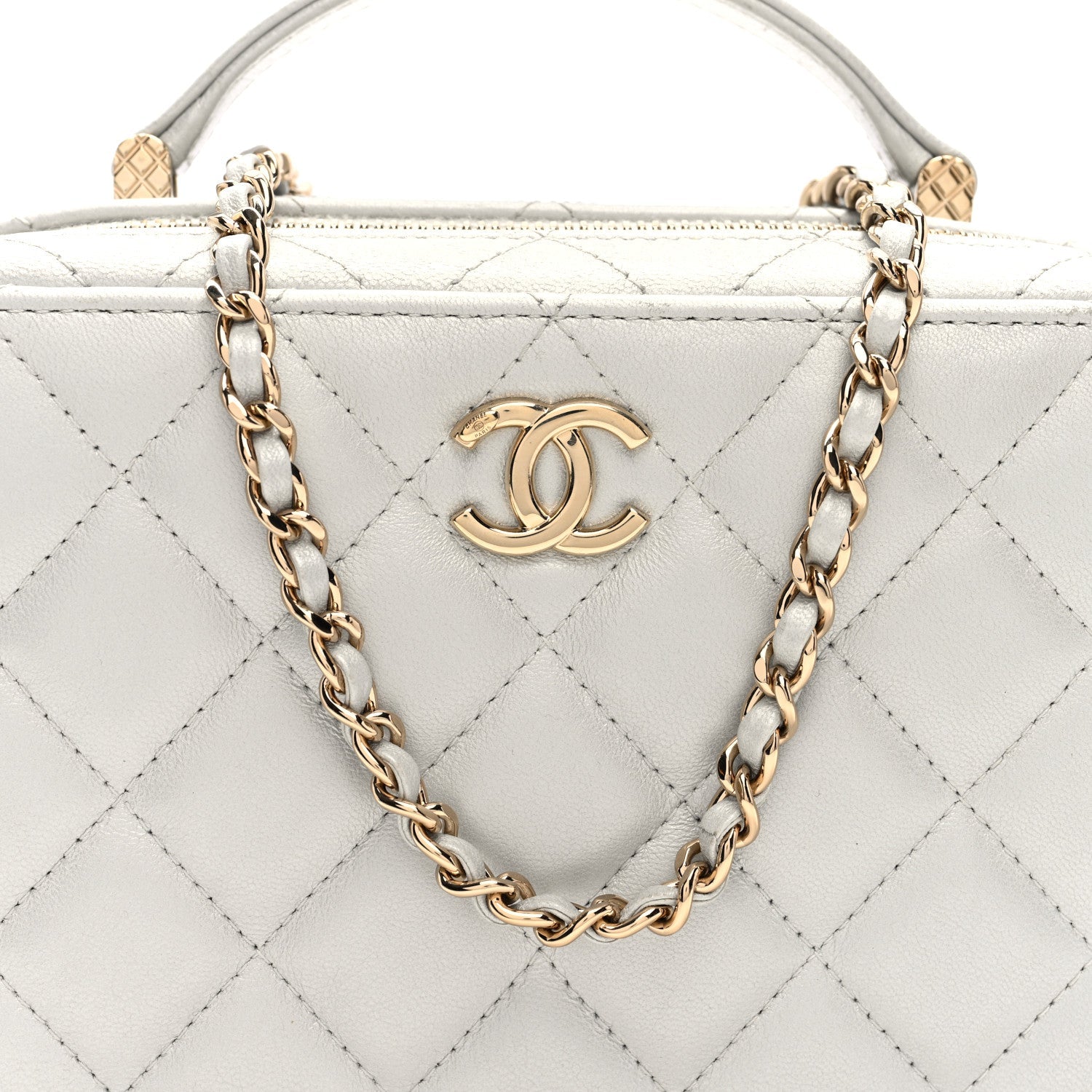Metallic Lambskin Quilted Top Handle Vanity Case Silver