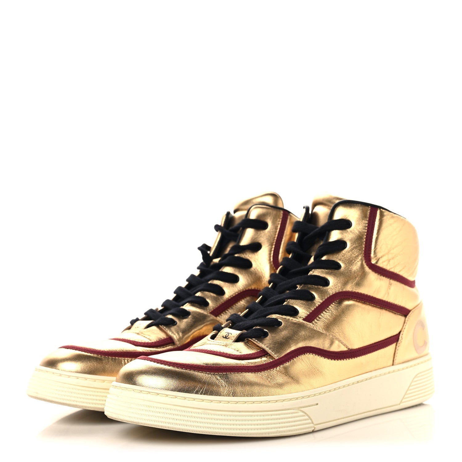 Metallic Satin Lambskin Mens Logo High Top Sneakers 45 Gold Burgundy
