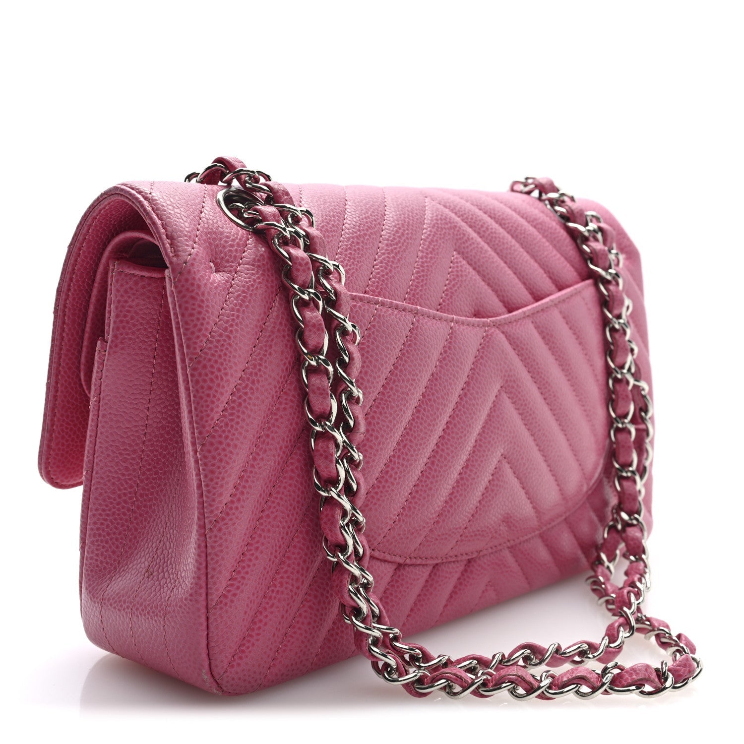 Caviar Chevron Quilted Medium Double Flap Pink
