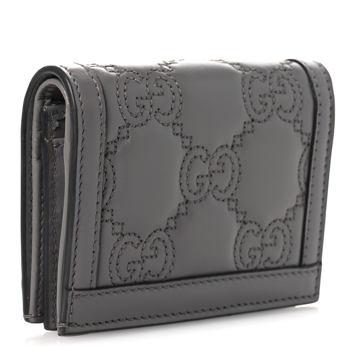 Calfskin GG Matelasse Card Case Wallet Grey