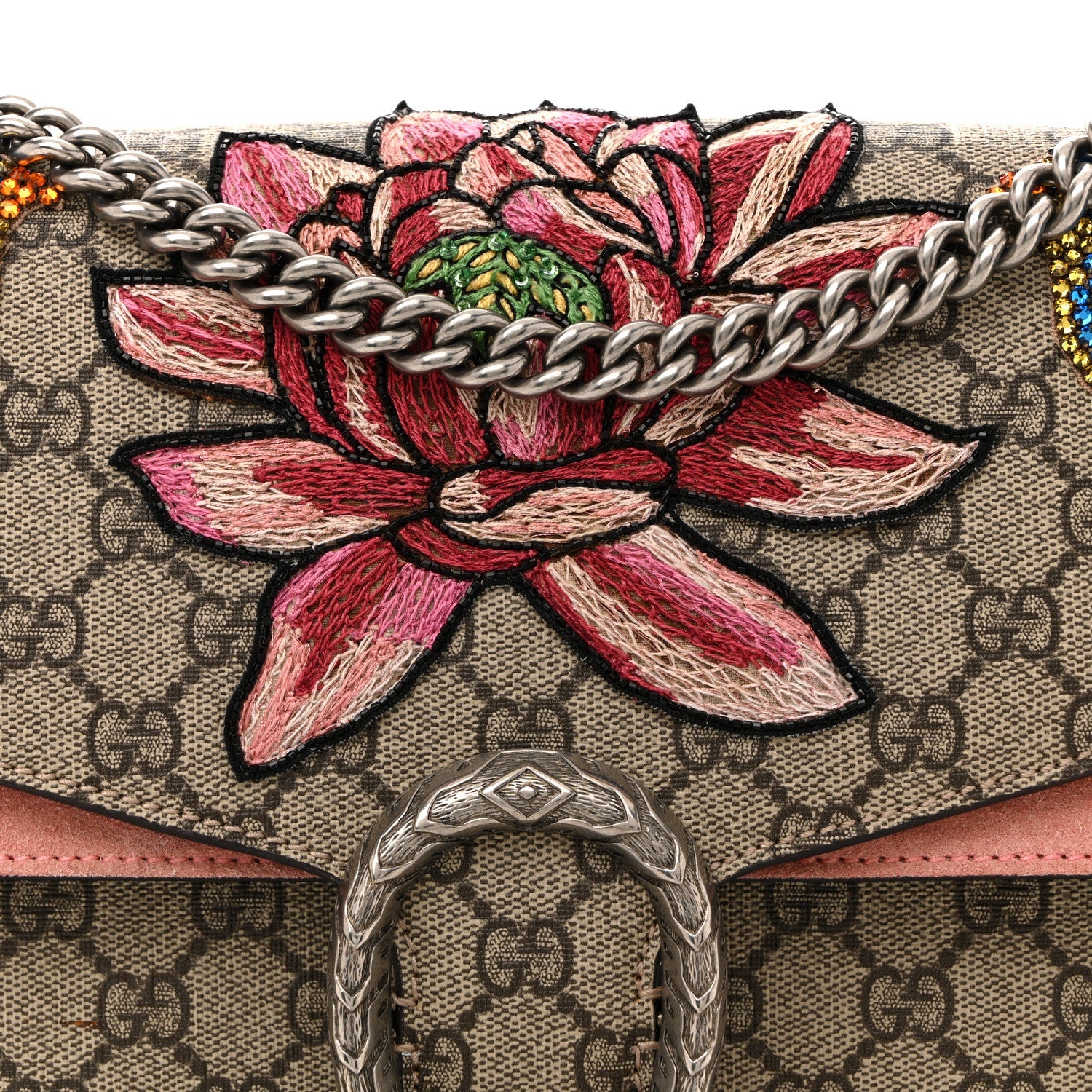 GG Supreme Monogram Crystal Floral Embroidered Medium Dionysus Shoulder Bag Beige Pink Beige Multicolor