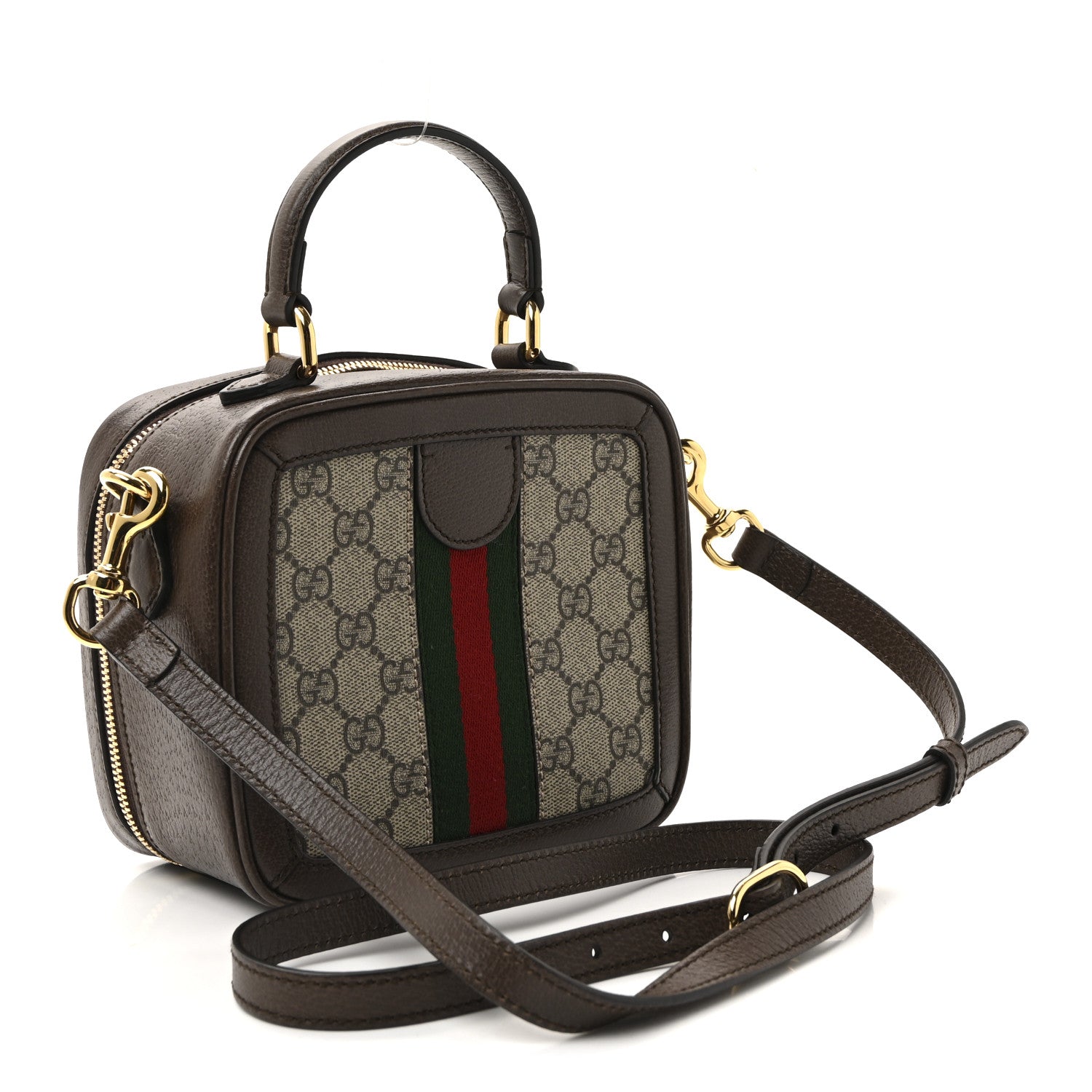 GG Supreme Monogram Textured Dollar Calfskin Mini Ophidia Top Handle Square Shoulder Bag Beige Ebony New Acero