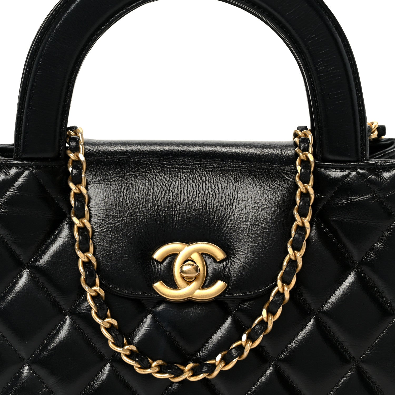 Shiny Aged Calfskin Quilted Nano Kelly Shopper Black