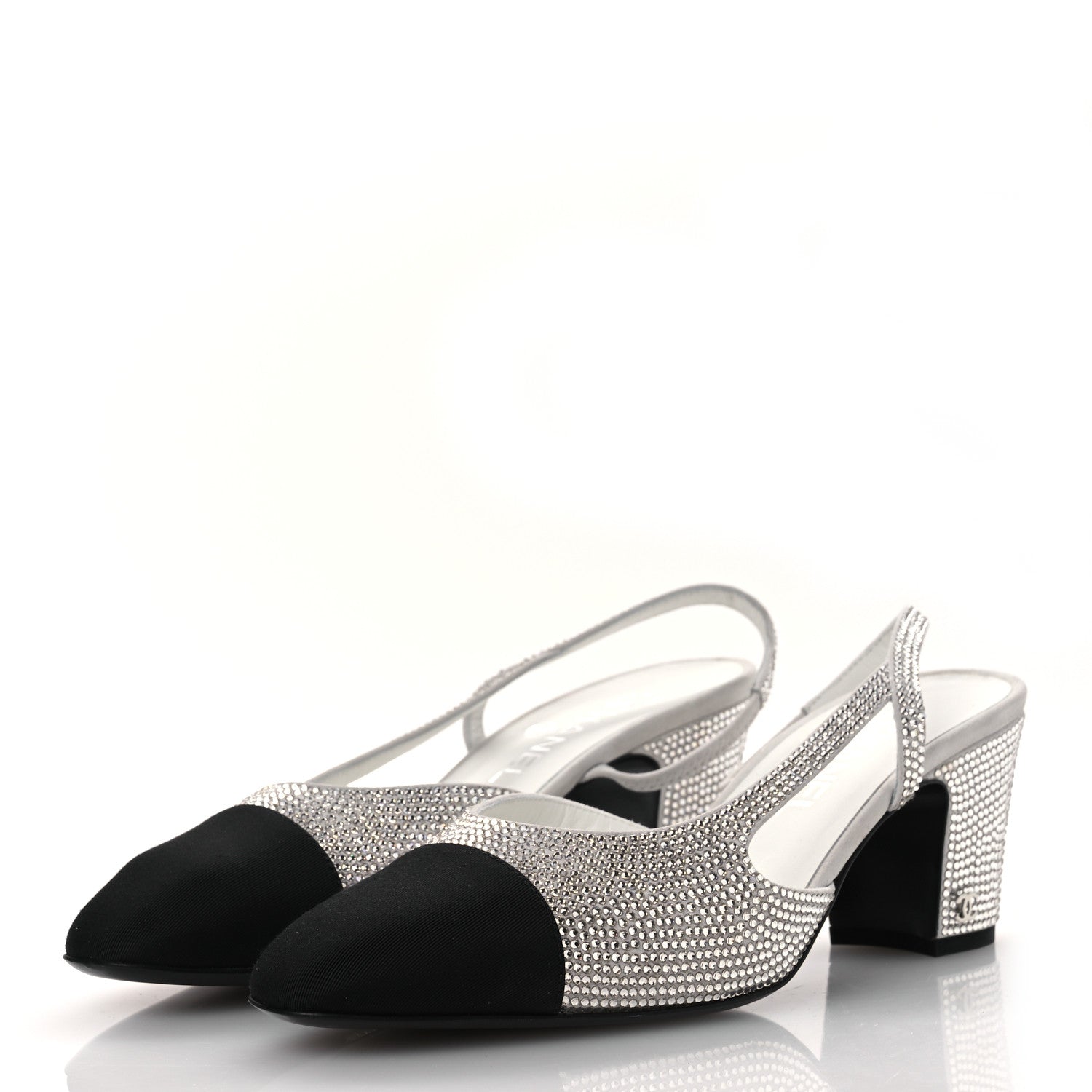 Strass Grosgrain Cap Toe CC Slingback Pumps 40.5 Silver Black