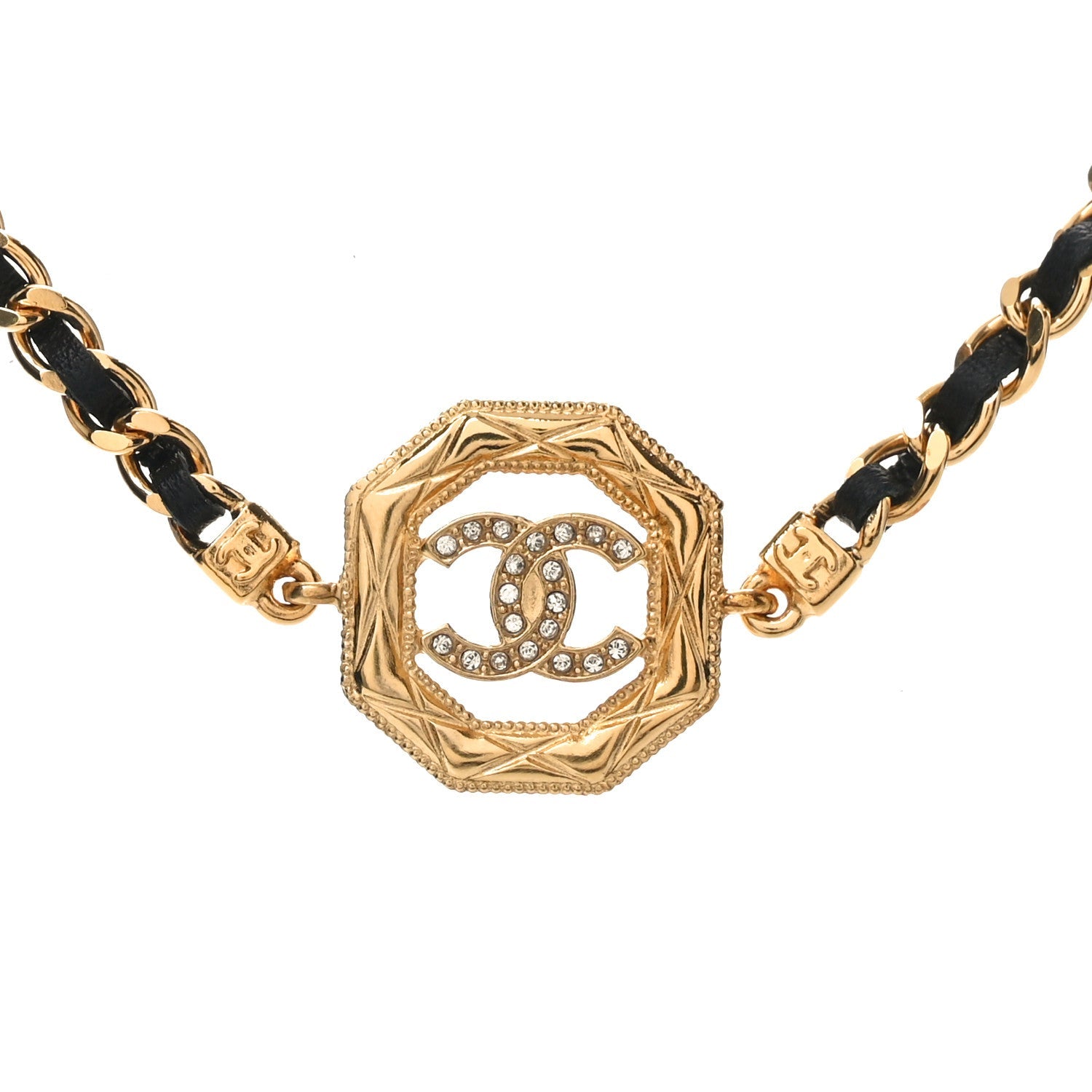Metal Calfskin Crystal Chain CC Choker Necklace Black Gold