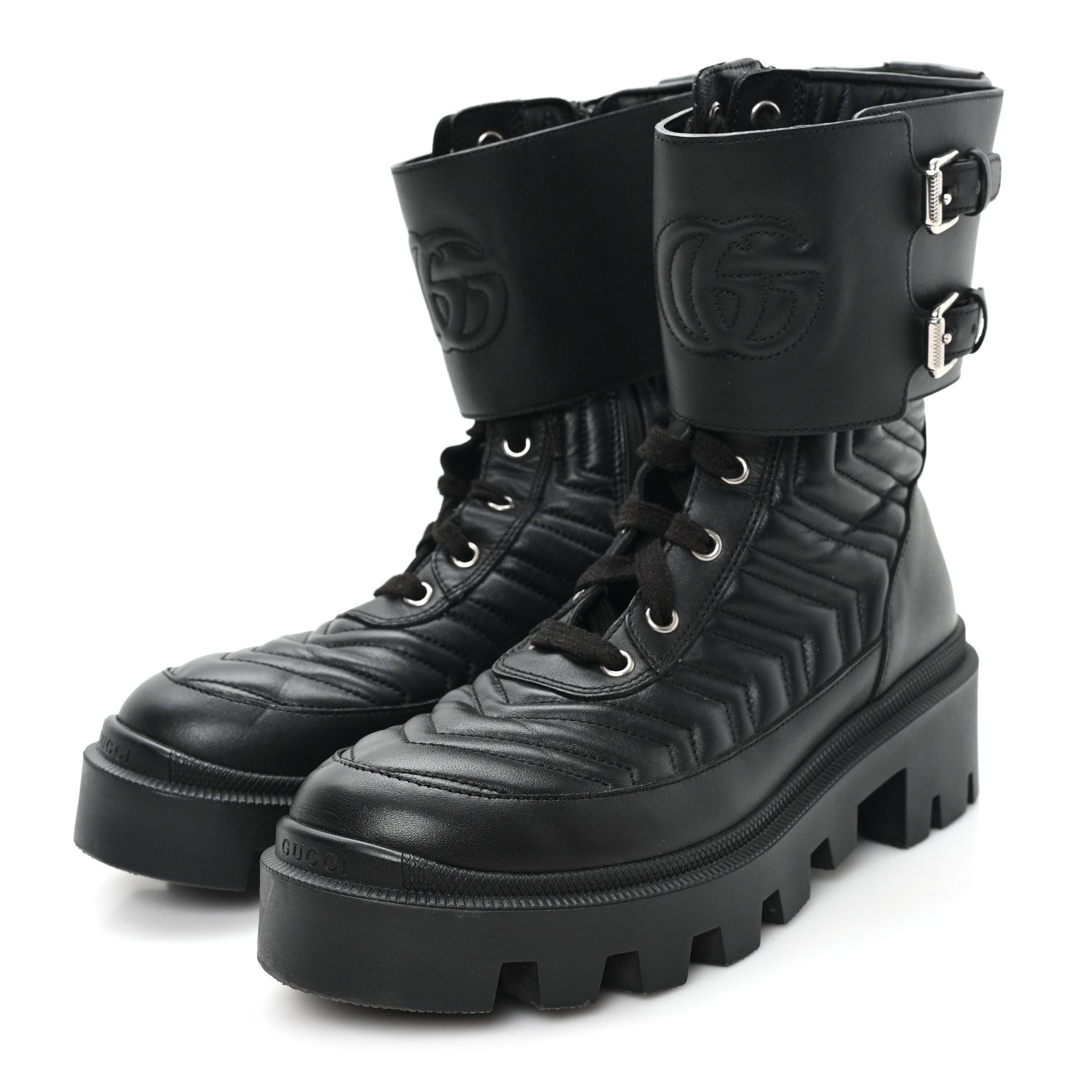 Nappa Frances GG Matelasse Platform Combat Boots 37 Black