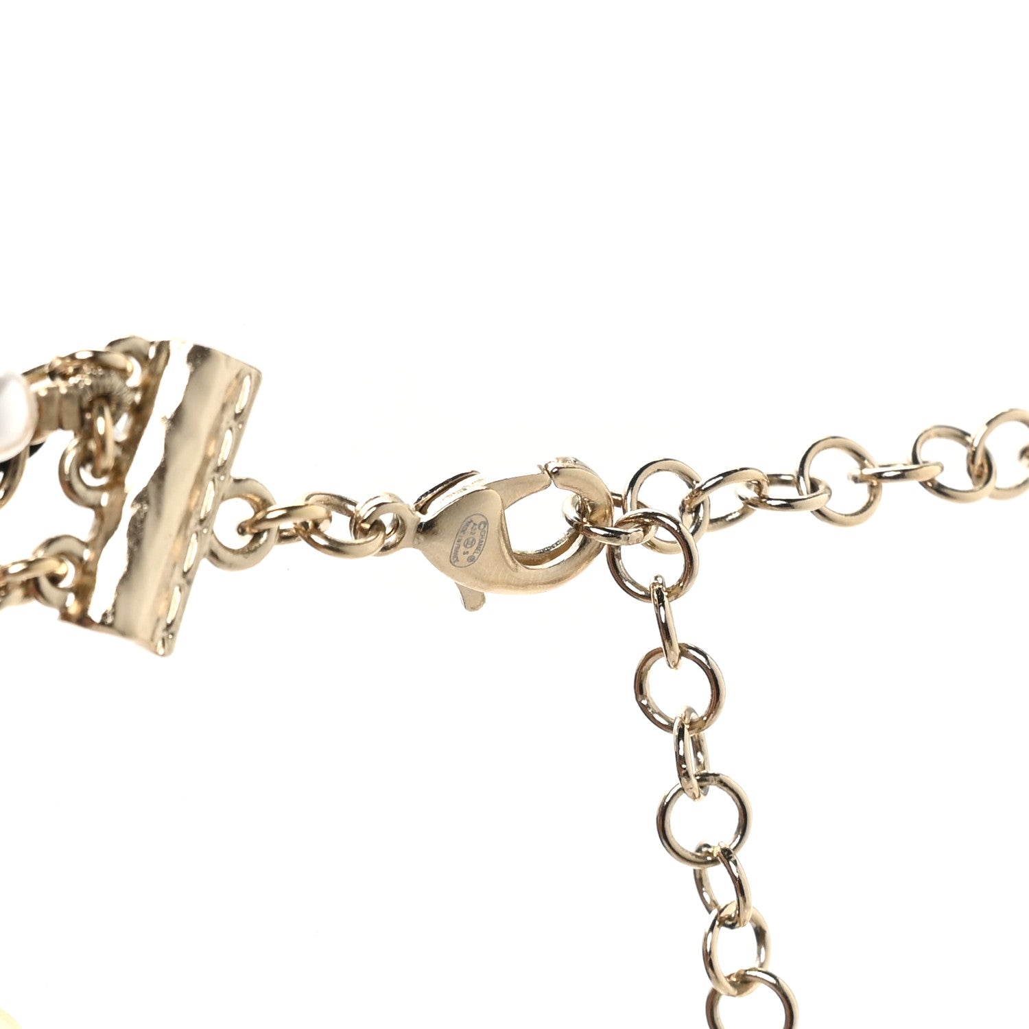 Calfskin Pearl Metal CC Bow Necklace Gold White Black