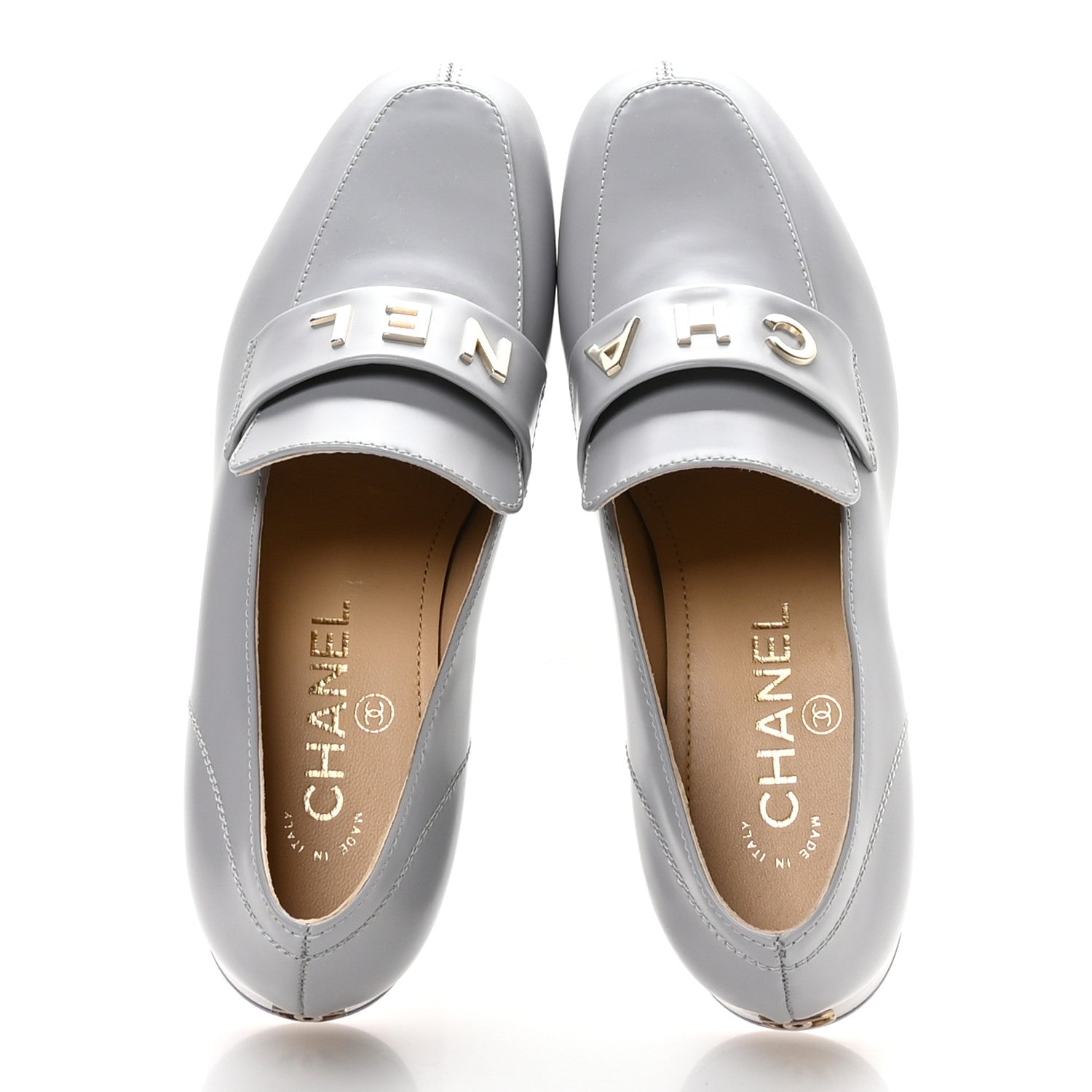 Shiny Calfskin Logo Loafers 37 Light Grey
