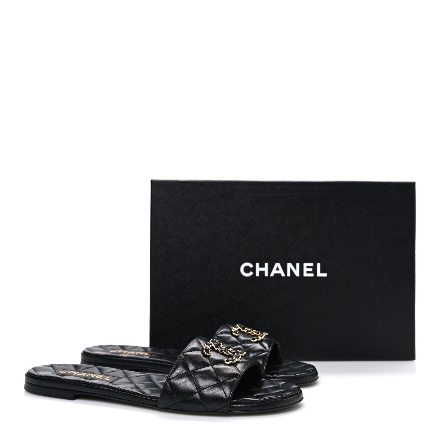 Shiny Goatskin Quilted CC Mules Sandals 40 Black