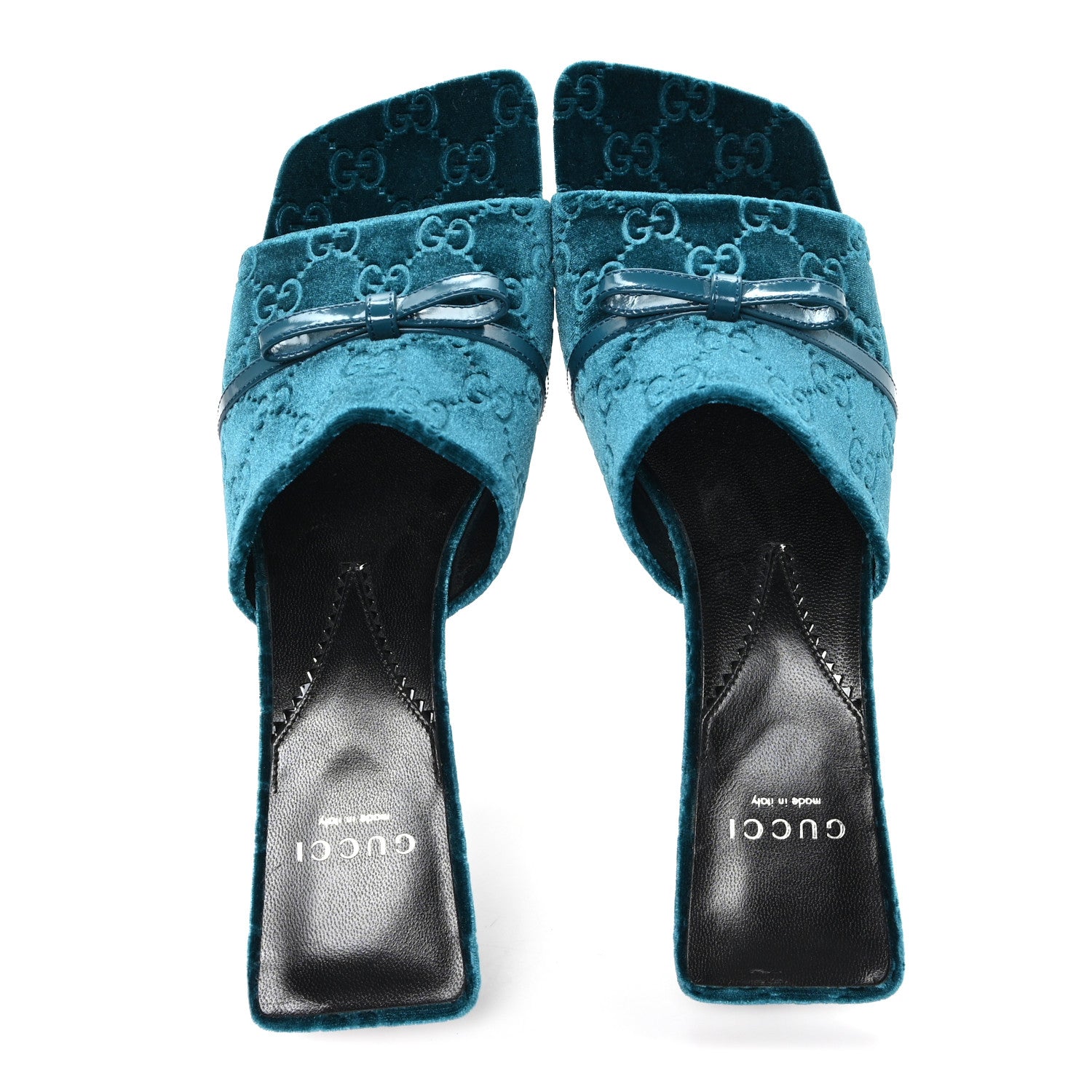 New Velvet Ashmir Regent Calfskin GG Monogram Square Toe Bow 45mm Slide Sandals Peacock Blue 39.5