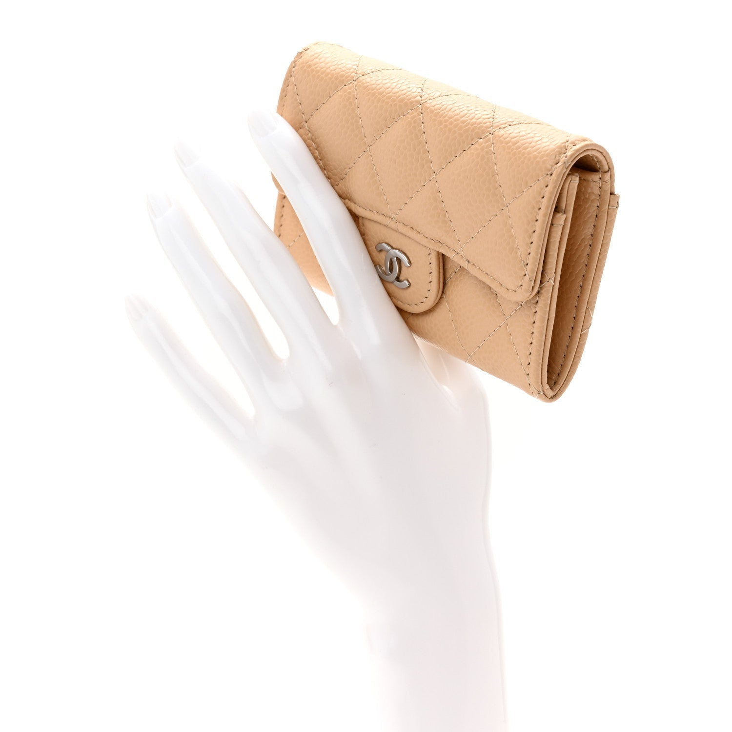 Caviar Quilted Flap Card Holder Wallet Beige