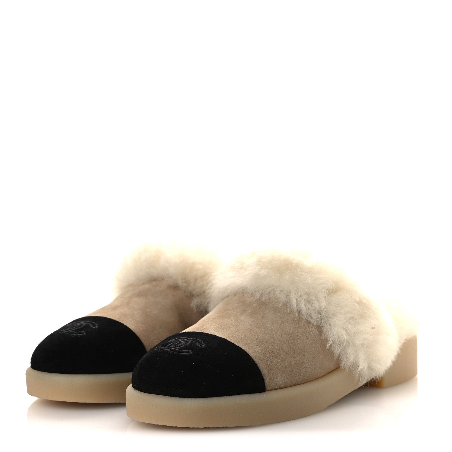 Suede Shearling CC Cap Toe Mules 39 Beige Black