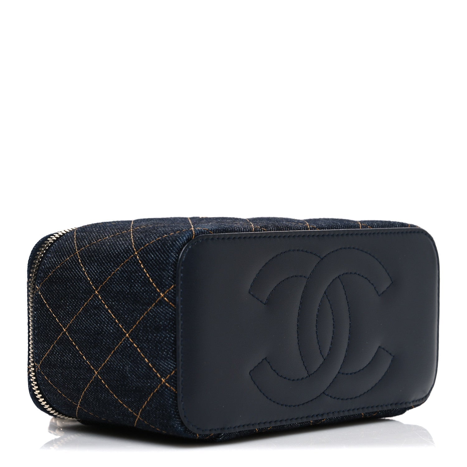 Denim Quilted Vanity Case With Chain Dark Blue Orange