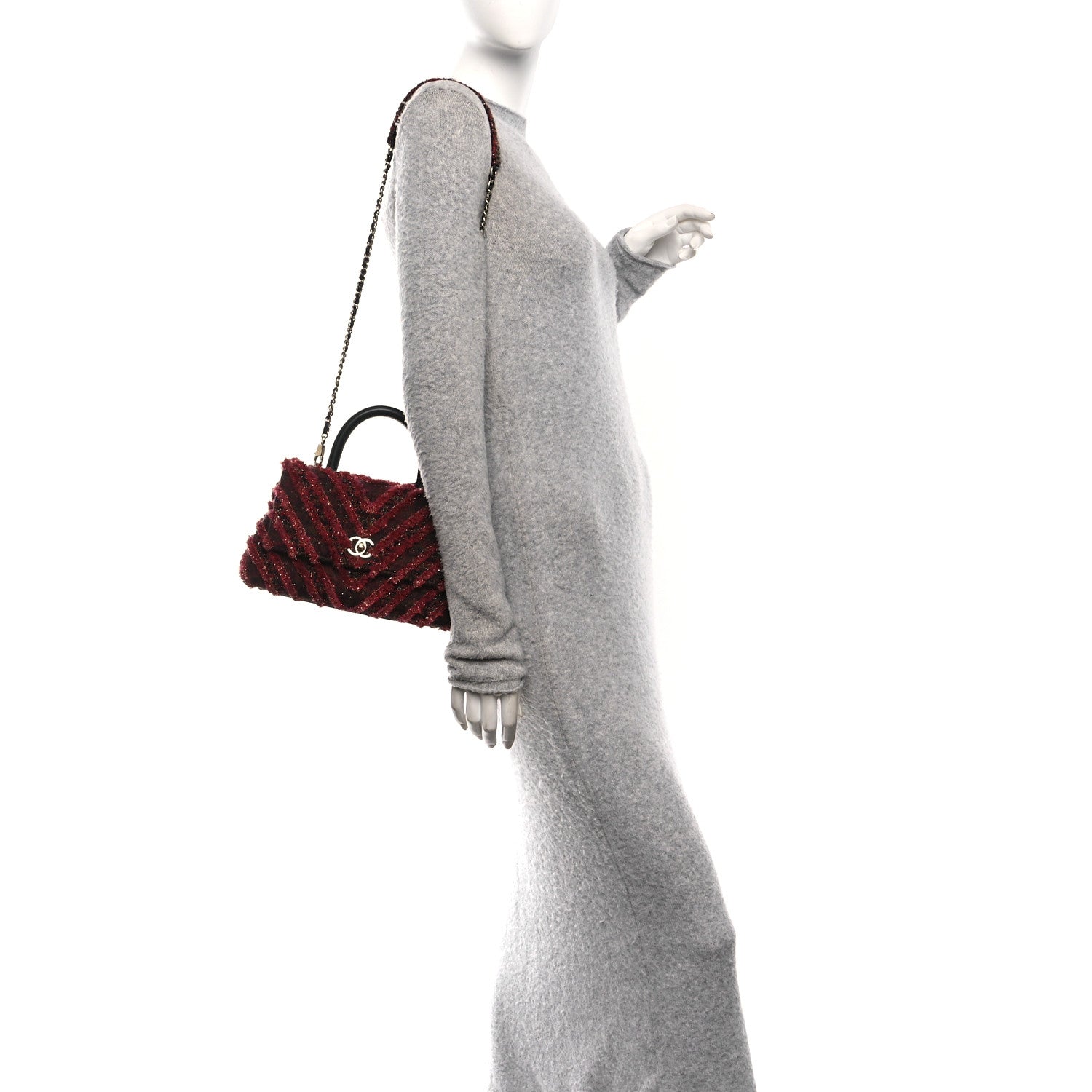Tweed Fringe Mini Coco Handle Flap Red Black