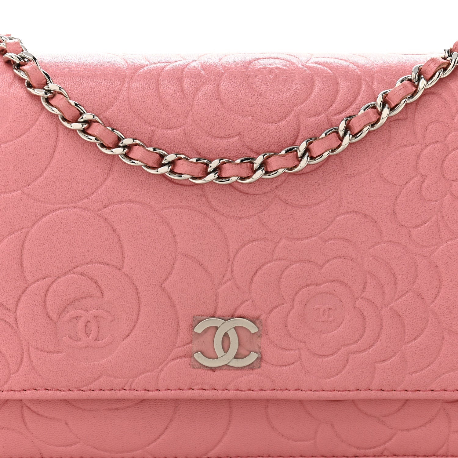 Lambskin Camellia Embossed Wallet on Chain WOC Pink
