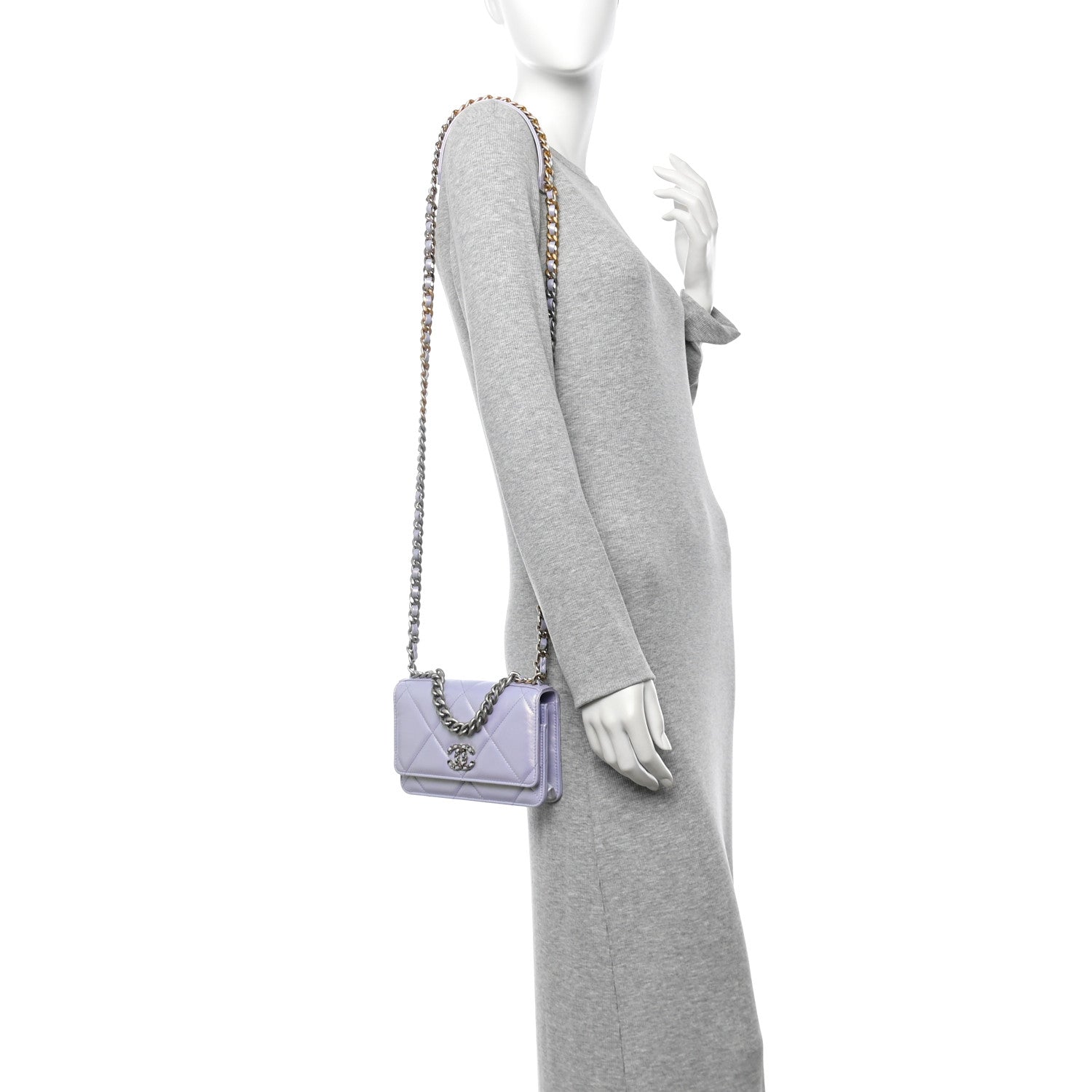 Iridescent Calfskin Quilted Chanel 19 Wallet On Chain WOC Light Purple